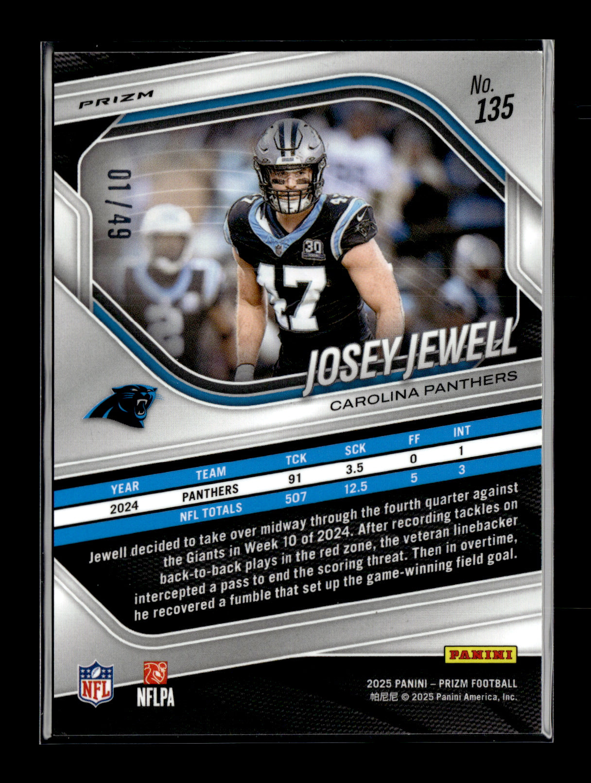 2025 Panini Prizm Josey Jewell #135 Red Shimmer #/49 Carolina Panthers