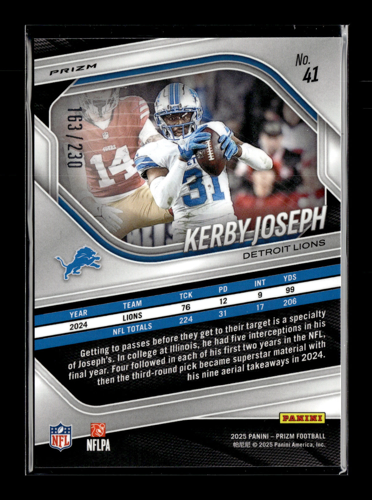 2025 Panini Prizm Kerby Joseph #41 Blue Wave #/230 Detroit Lions