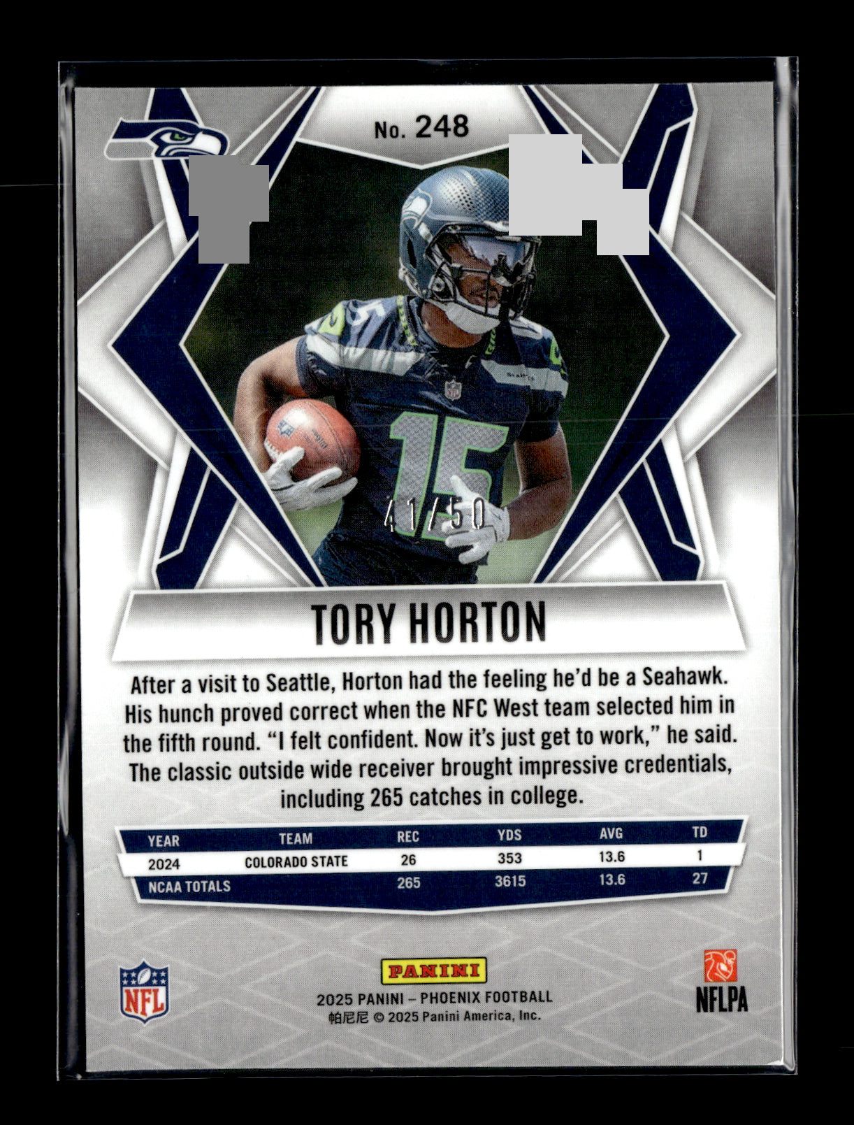 2025 Panini Phoenix Tory Horton #248 Blue Prizm #/50 Seattle Seahawks