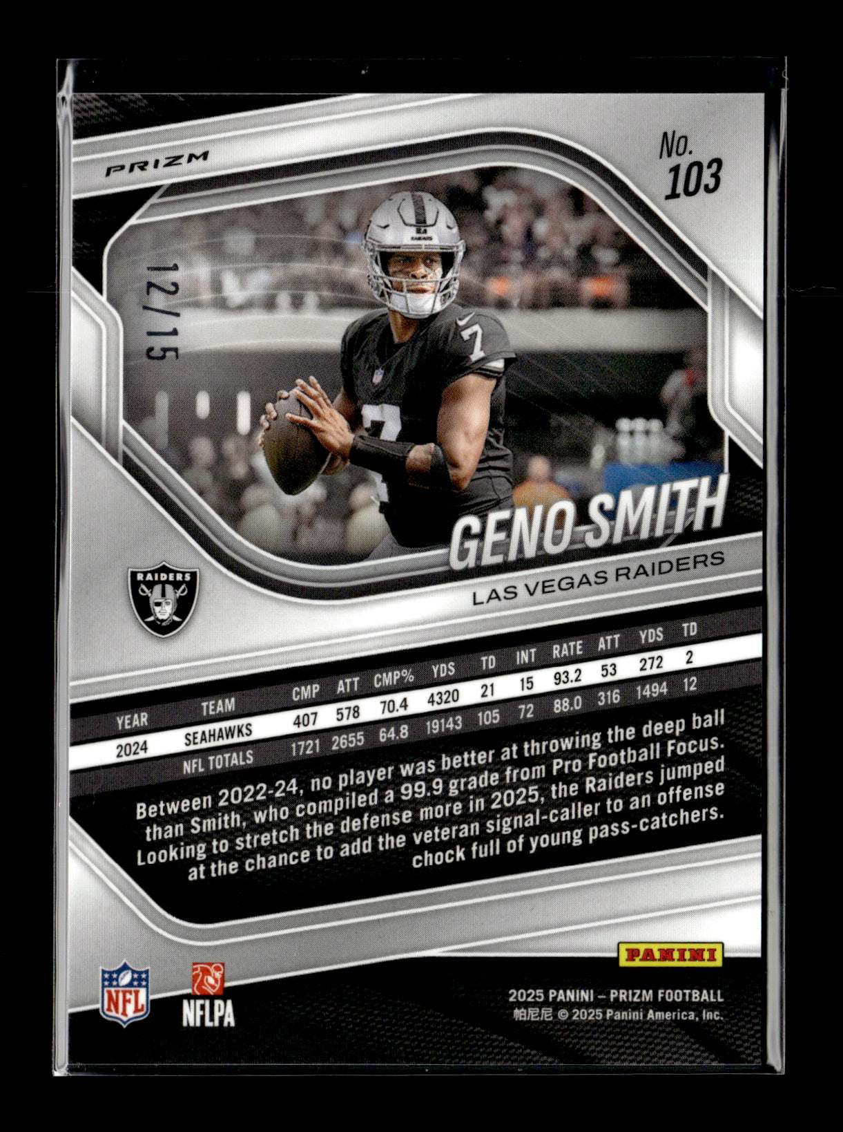 2025 Panini Prizm Geno Smith #103 Purple Shimmer #/15 Las Vegas Raiders