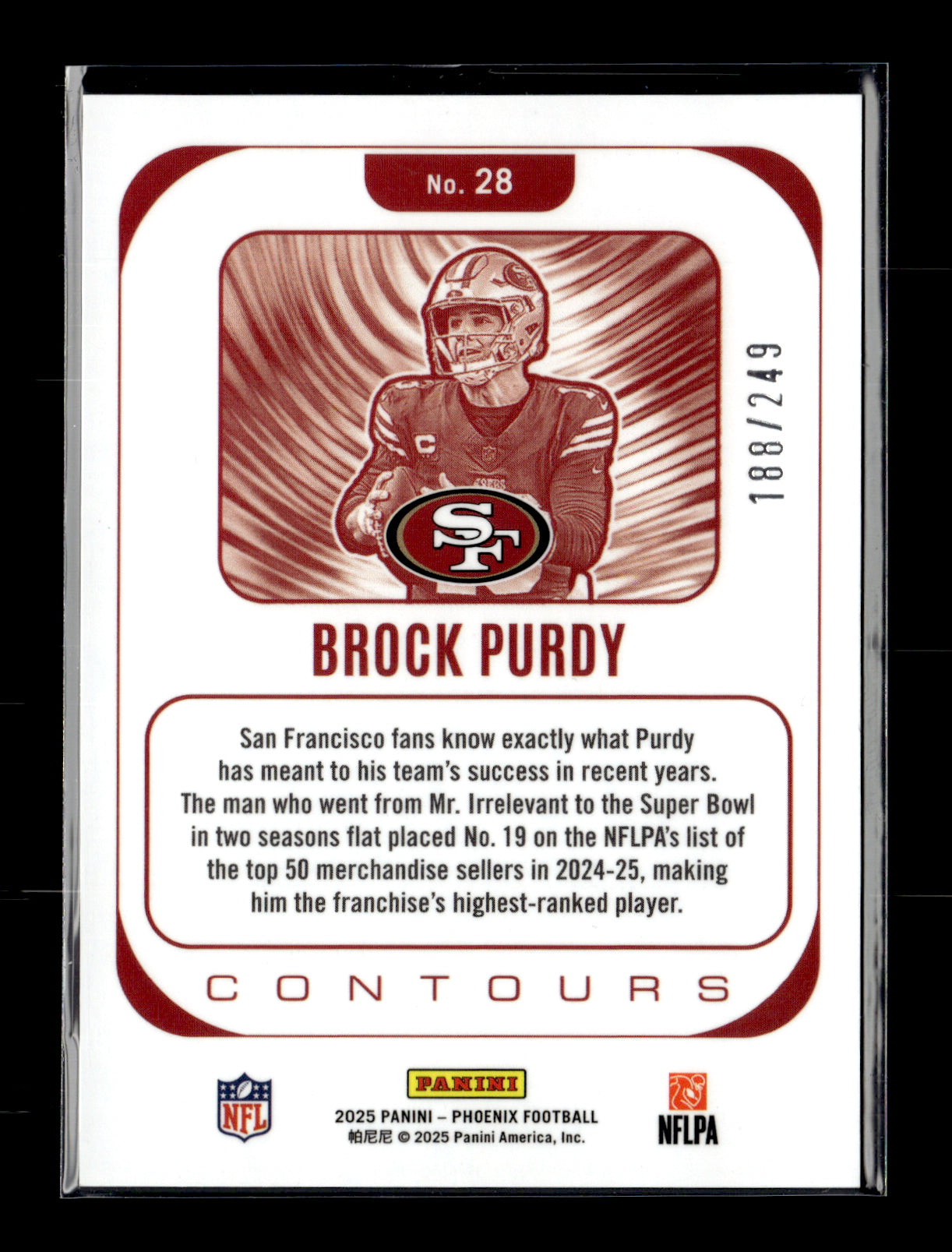 2025 Panini Phoenix Brock Purdy #28 Contours Red Prizm #/249 San Francisco 49ers