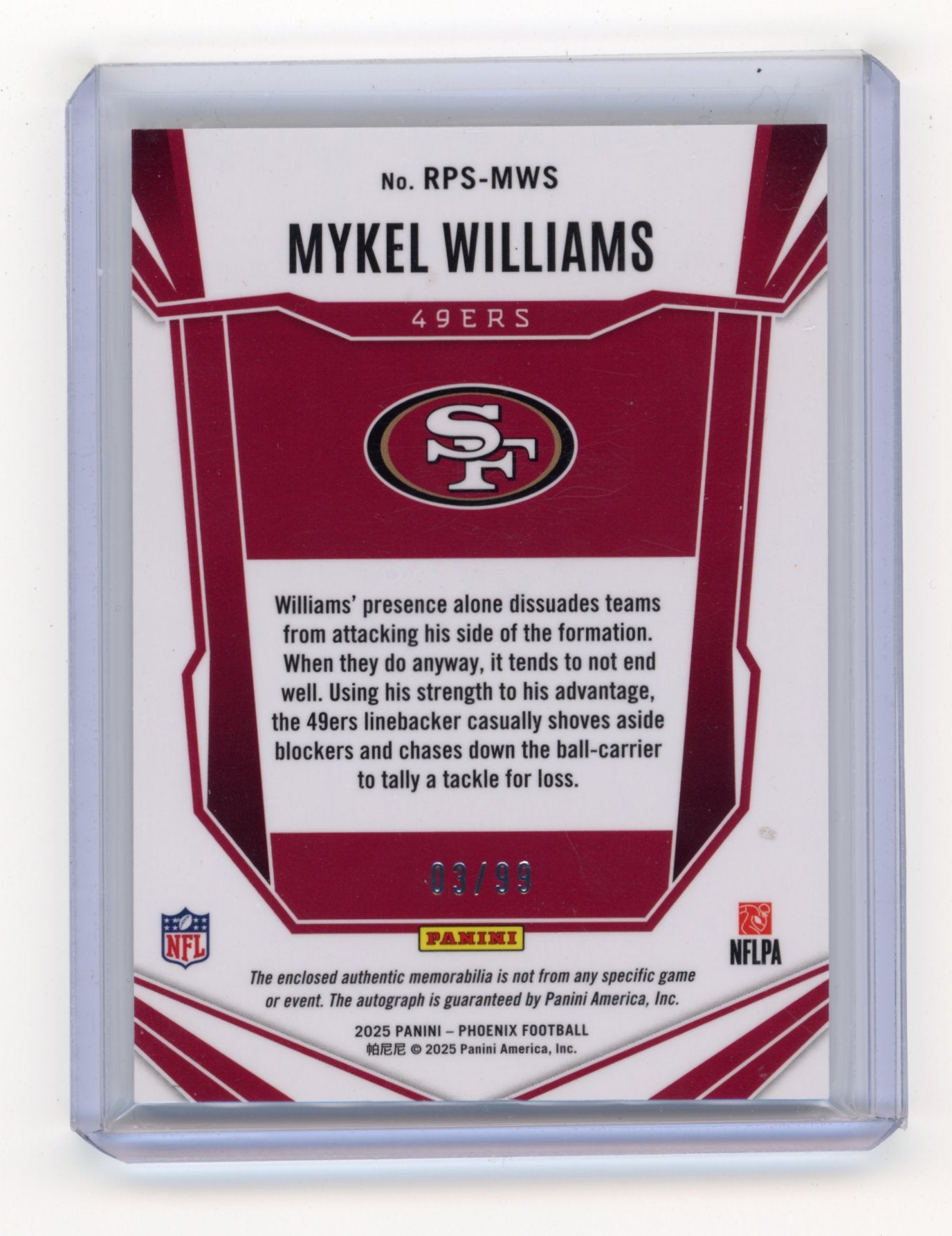 2025 Panini Phoenix Mykel Williams #RPS-MWS RPS Rookie Patch Autographs Red Prizm #/99 San Francisco 49ers