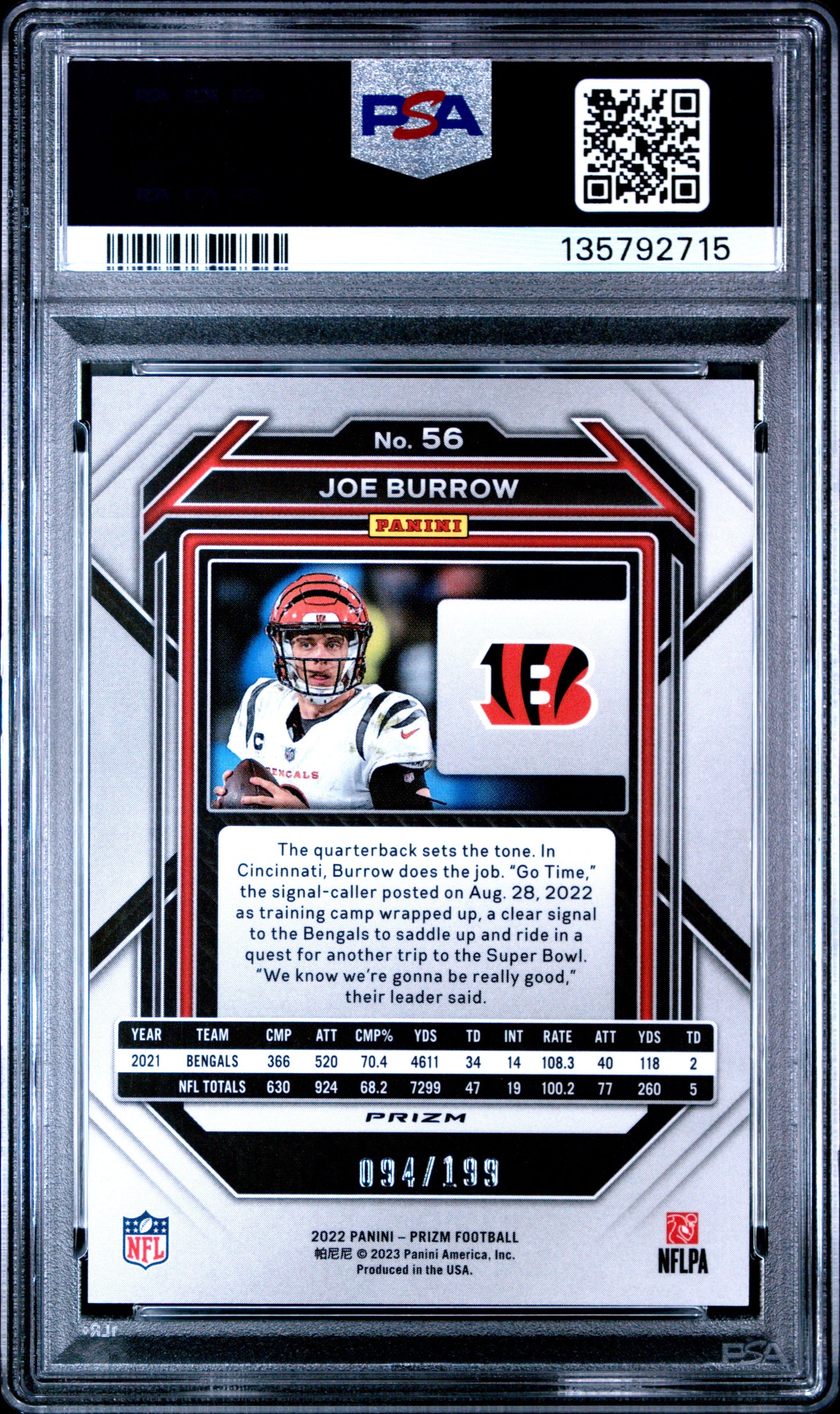 2022 Panini Prizm Joe Burrow #56 Blue Wave PSA 9