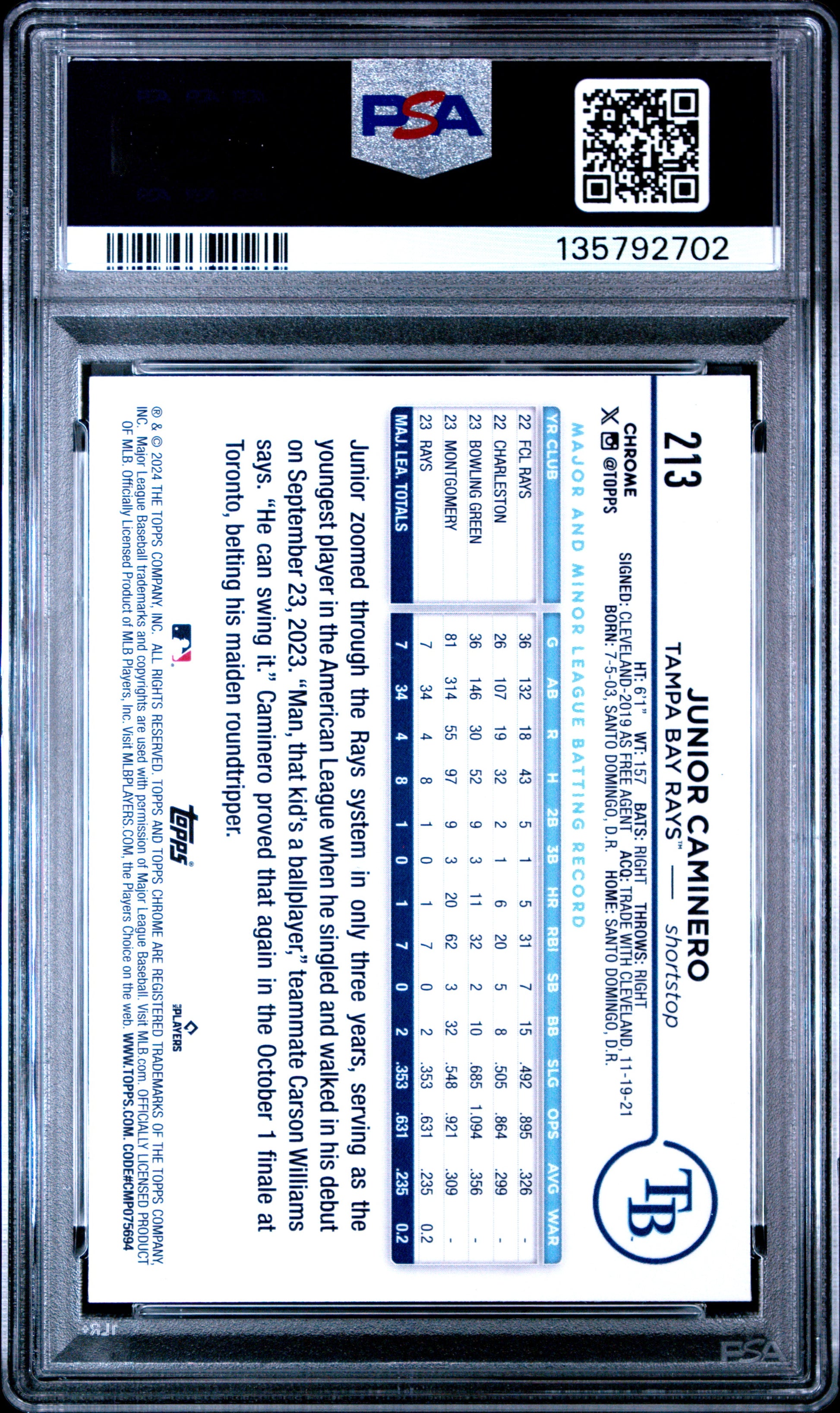 2024 Topps Chrome Junior Caminero #213 Purple Sonar Refractor PSA 9