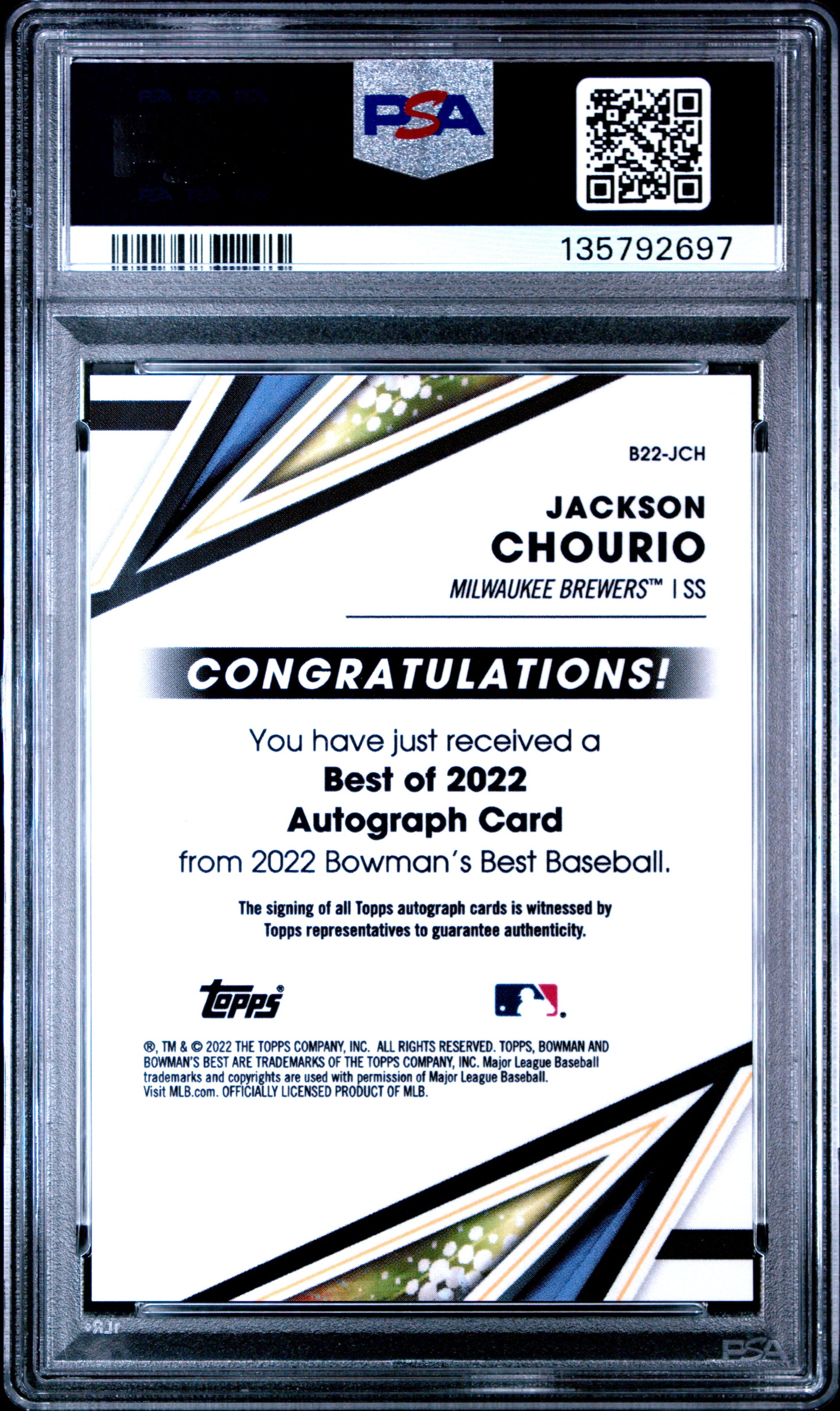2022 Bowman'S Best Best Of 2022 Autographs Jackson Chourio #B22JCH Best Of 2022 Autographs PSA 9