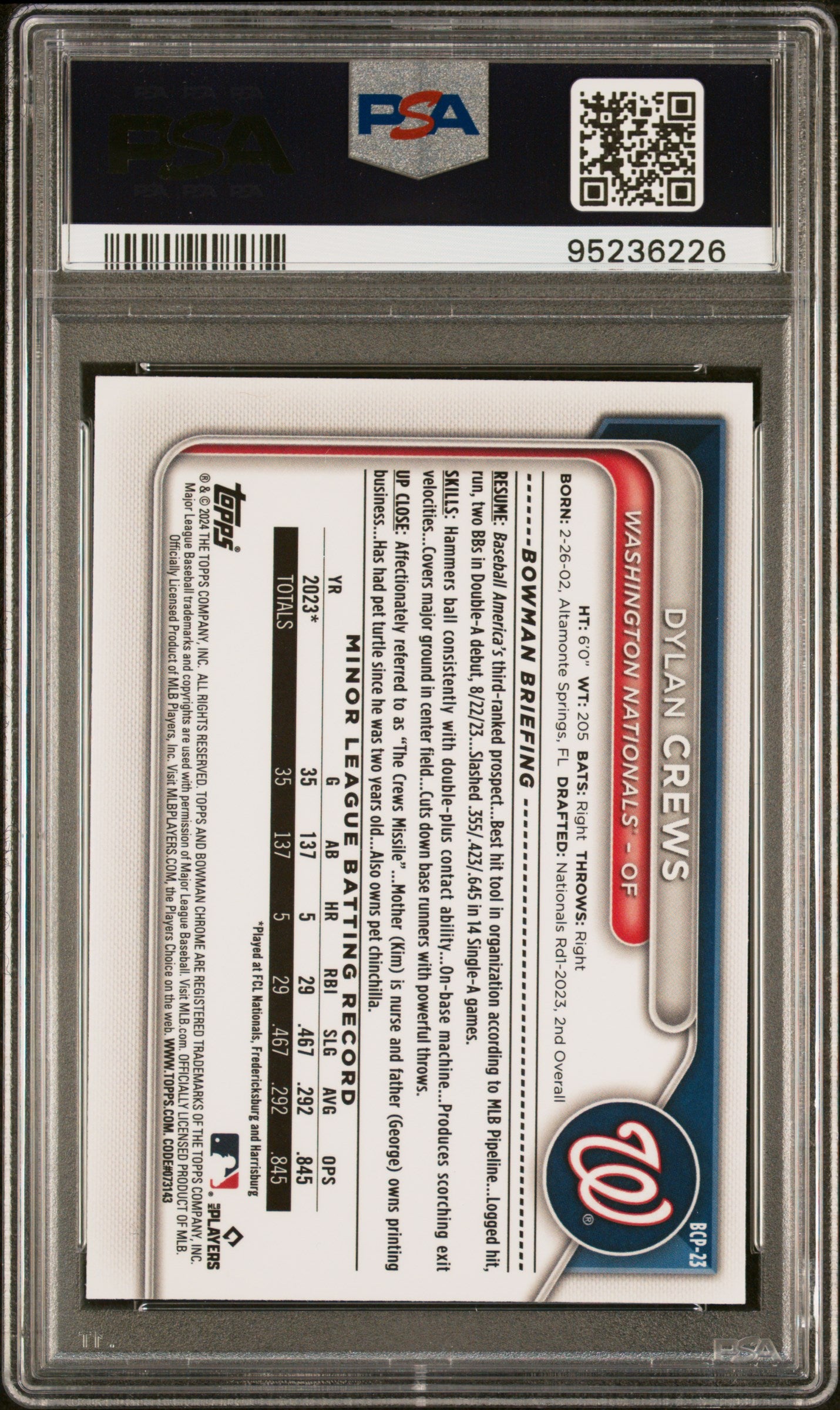 2024 Bowman Sapphire Edition Chrome Prospects Dylan Crews #BCP23 Chrome Prospect PSA 10