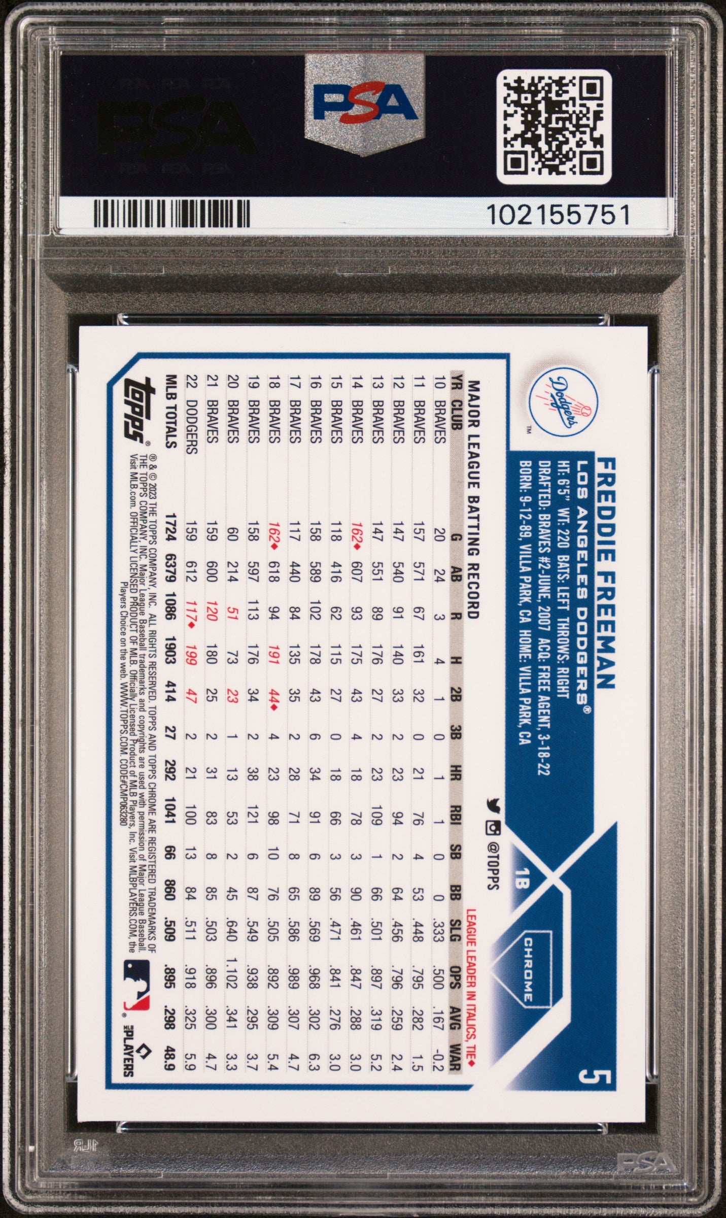 2023 Topps Chrome Logofractor Edition Freddie Freeman #5 Green Refractor PSA 9