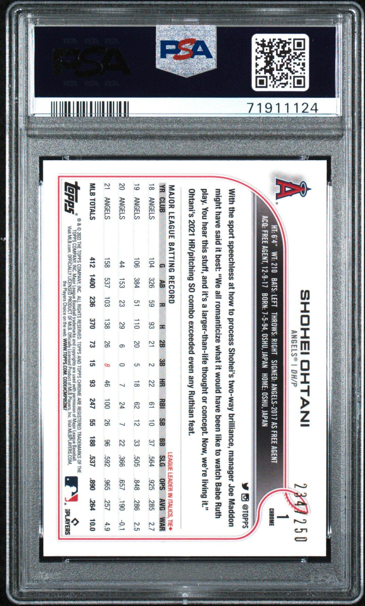 2022 Topps Chrome Shohei Ohtani #1 Purple Refractor PSA 9