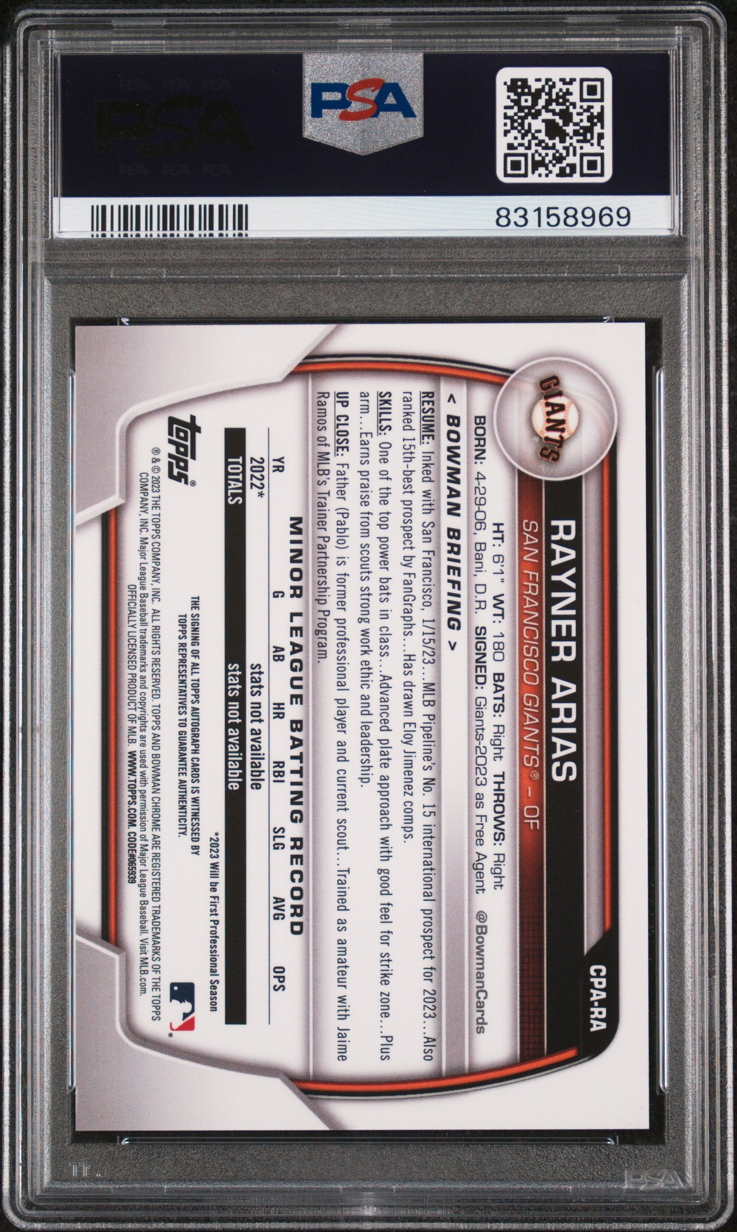2023 Bowman Chrome Prospect Autographs Rayner Arias #CPARA Prospect Autograph PSA 10