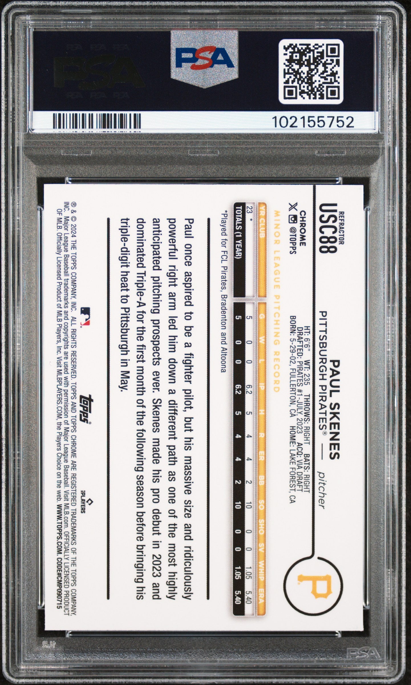 2024 Topps Chrome Update Paul Skenes #USC88 Prism Refractor PSA 9