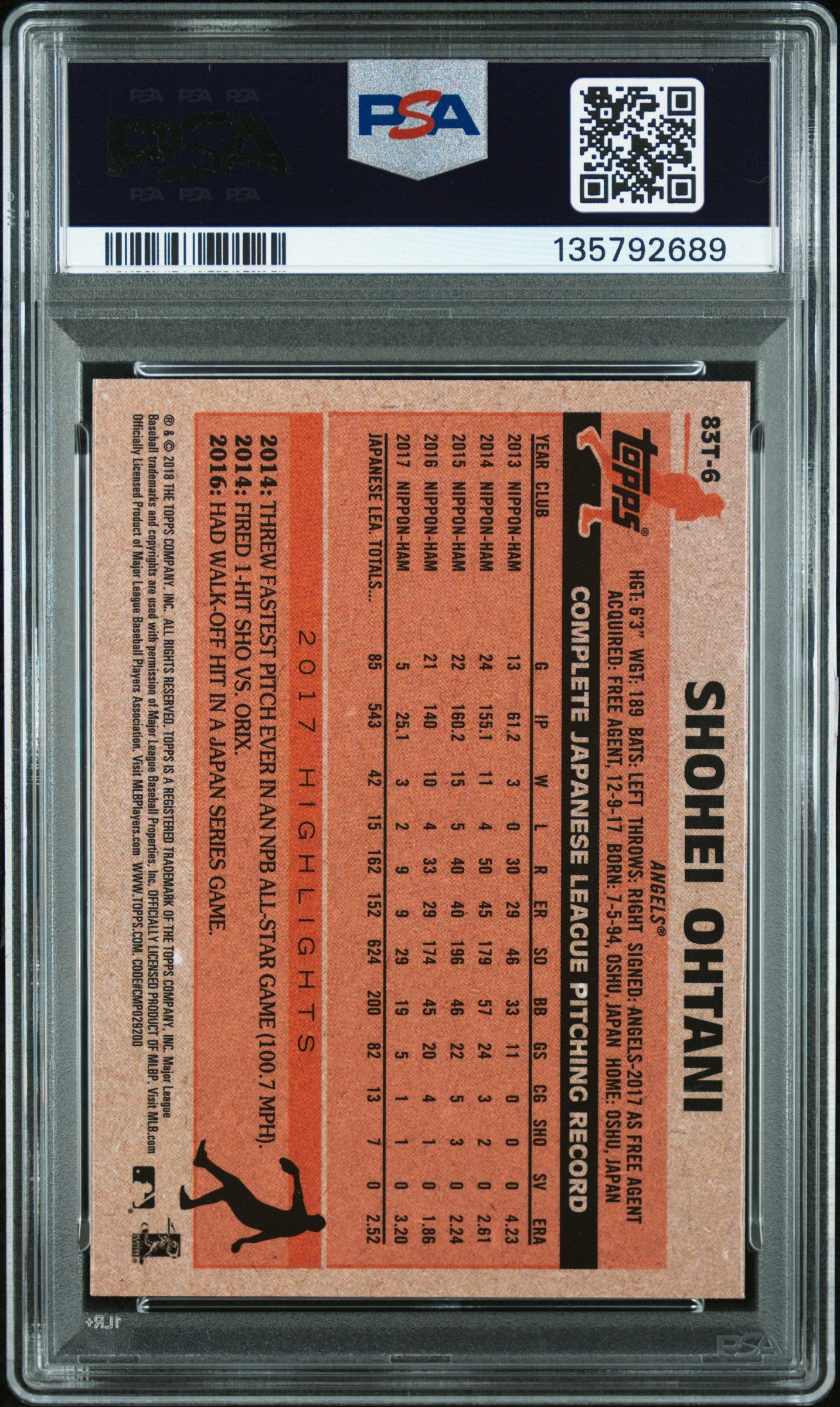 2018 Topps Chrome 1983 Topps Shohei Ohtani #83T-6 1983 Topps PSA 8