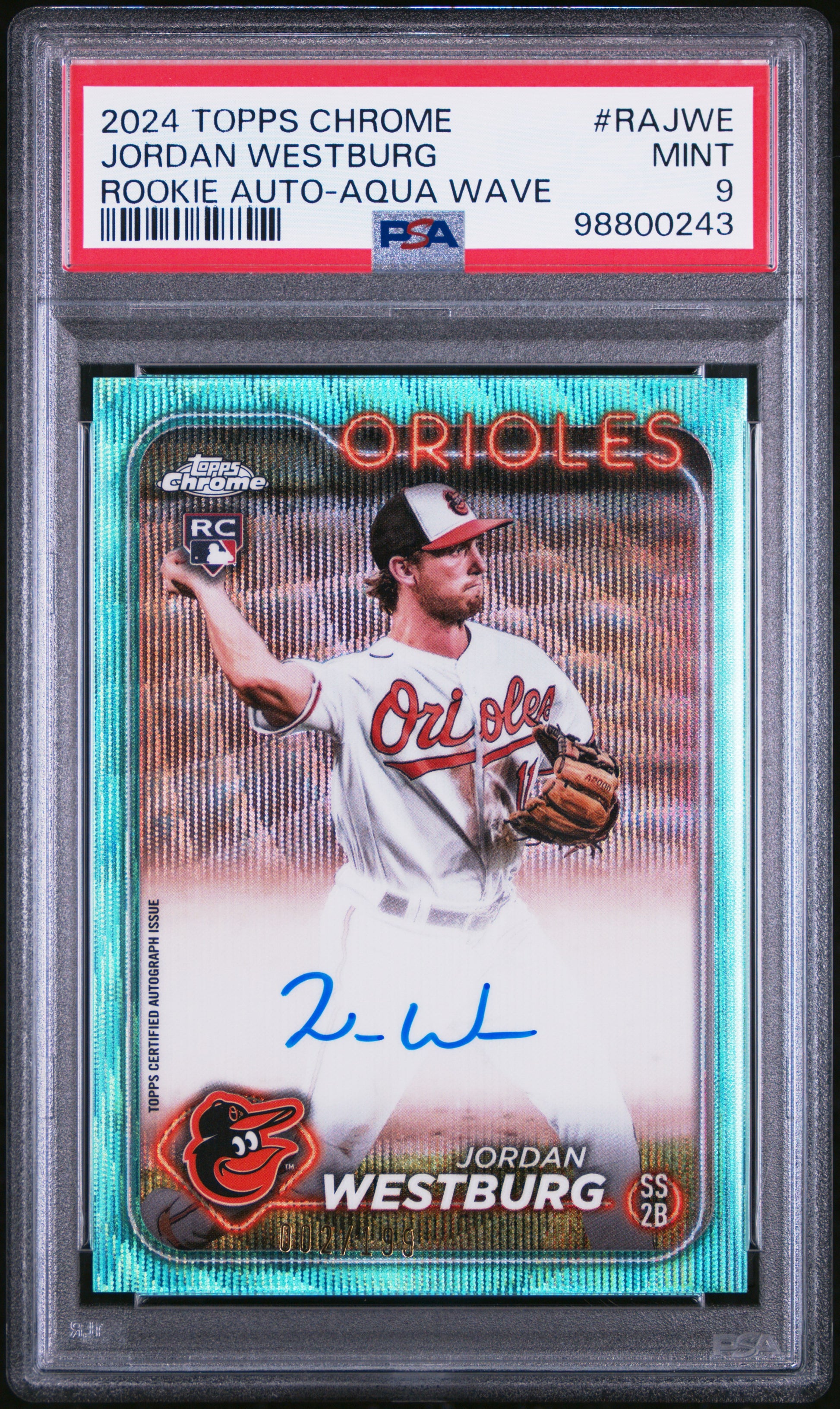 2024 Topps Chrome Rookie Autographs Jordan Westburg #RAJWE Rookie Auto-Aqua Wave PSA 9