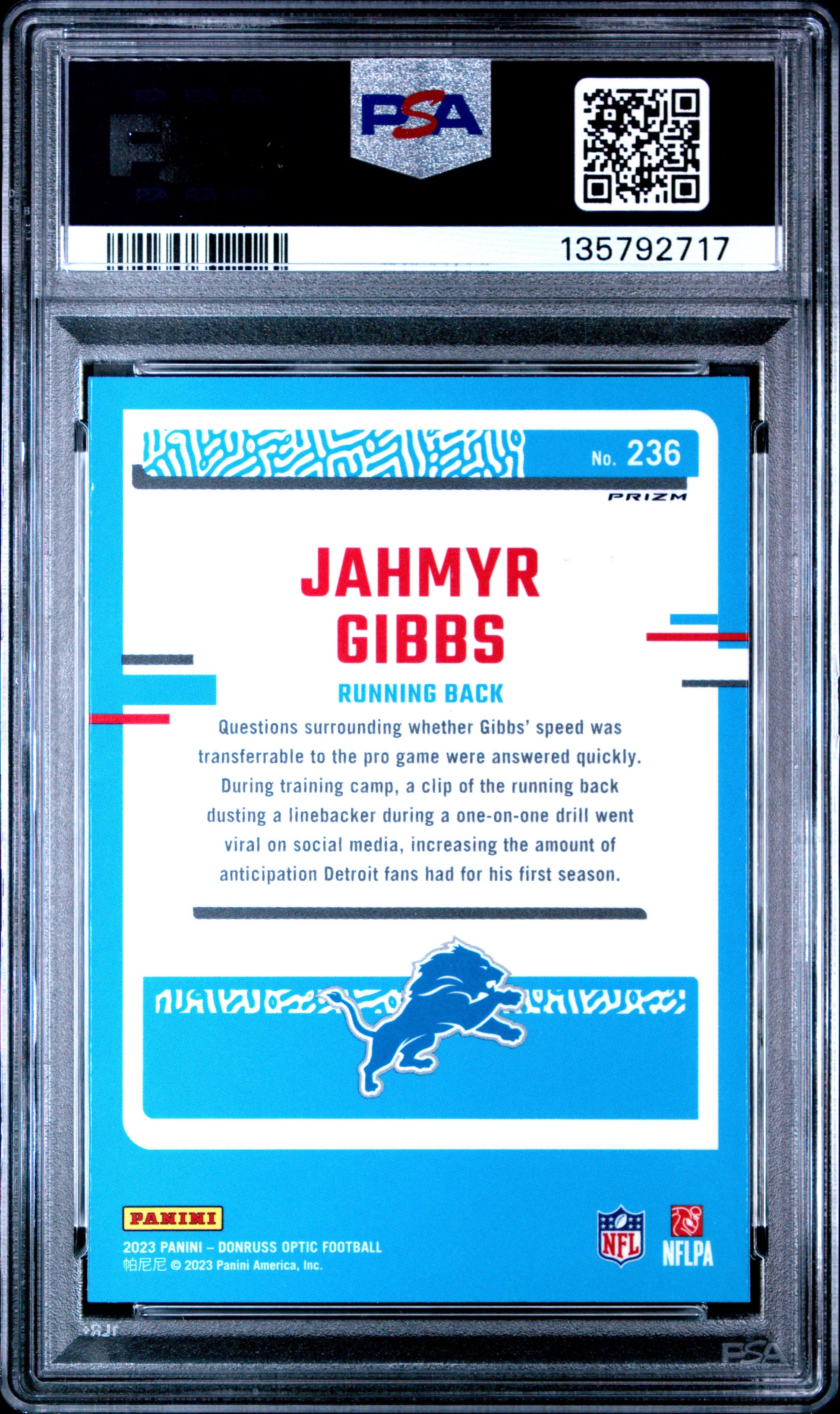 2023 Panini Donruss Optic Jahmyr Gibbs #236 Blue Hyper PSA 9