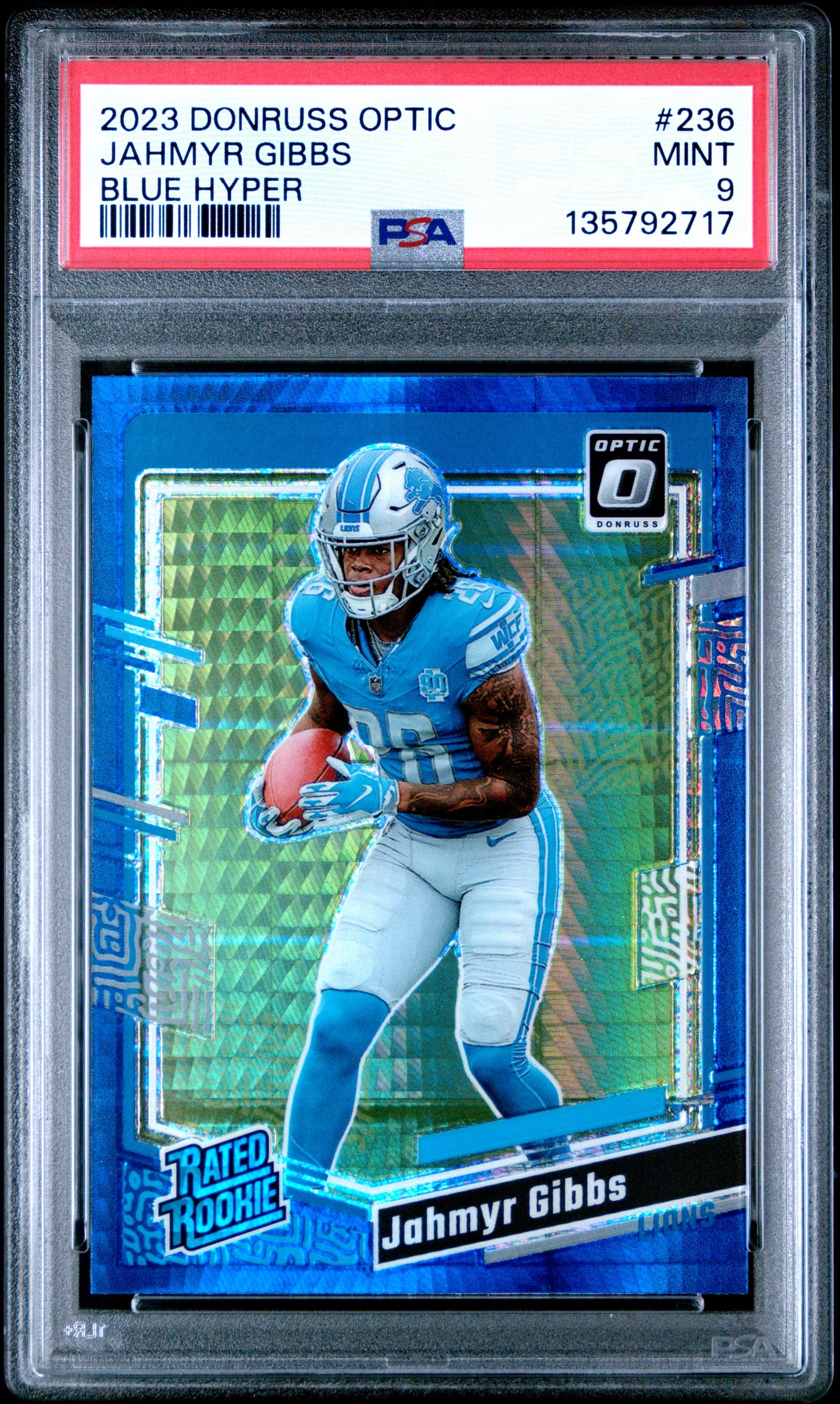 2023 Panini Donruss Optic Jahmyr Gibbs #236 Blue Hyper PSA 9