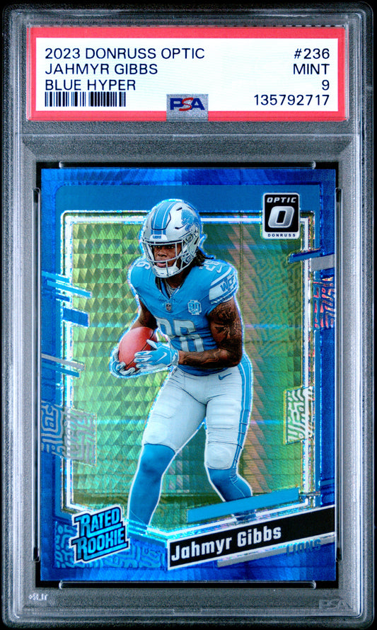 2023 Panini Donruss Optic Jahmyr Gibbs #236 Blue Hyper PSA 9