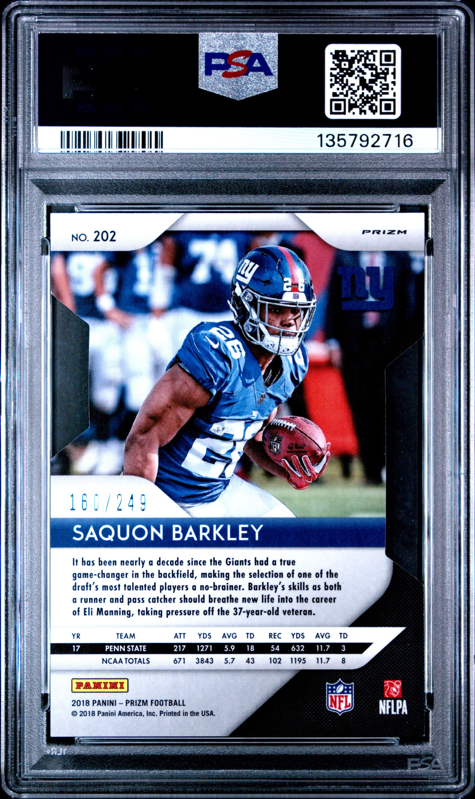 2018 Panini Prizm Saquon Barkley #202 Orange Prizm Die-Cut PSA 9