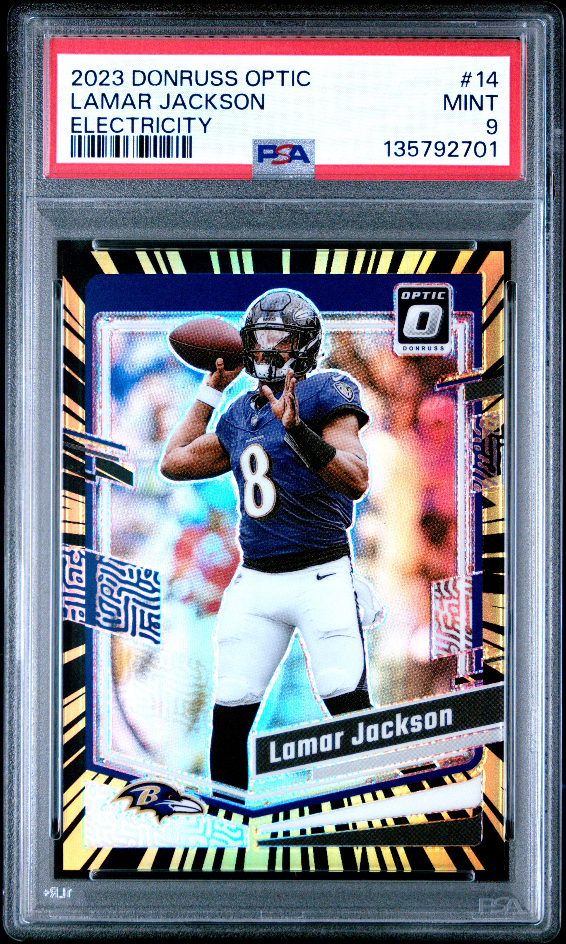 2023 Panini Donruss Optic Lamar Jackson #14 Electricity PSA 9