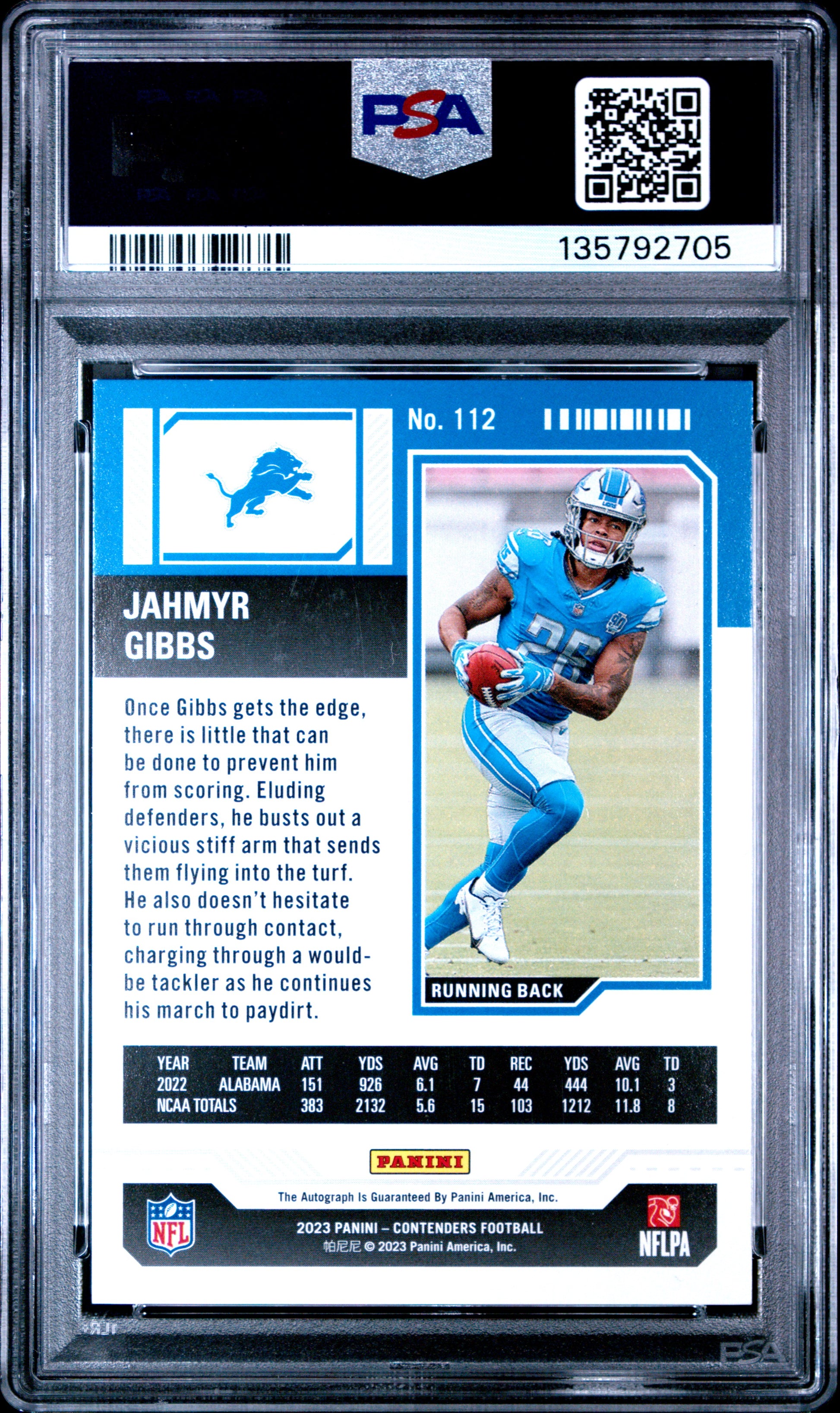 2023 Panini Contenders Jahmyr Gibbs #112 Autograph-Playoff Ticket PSA 9