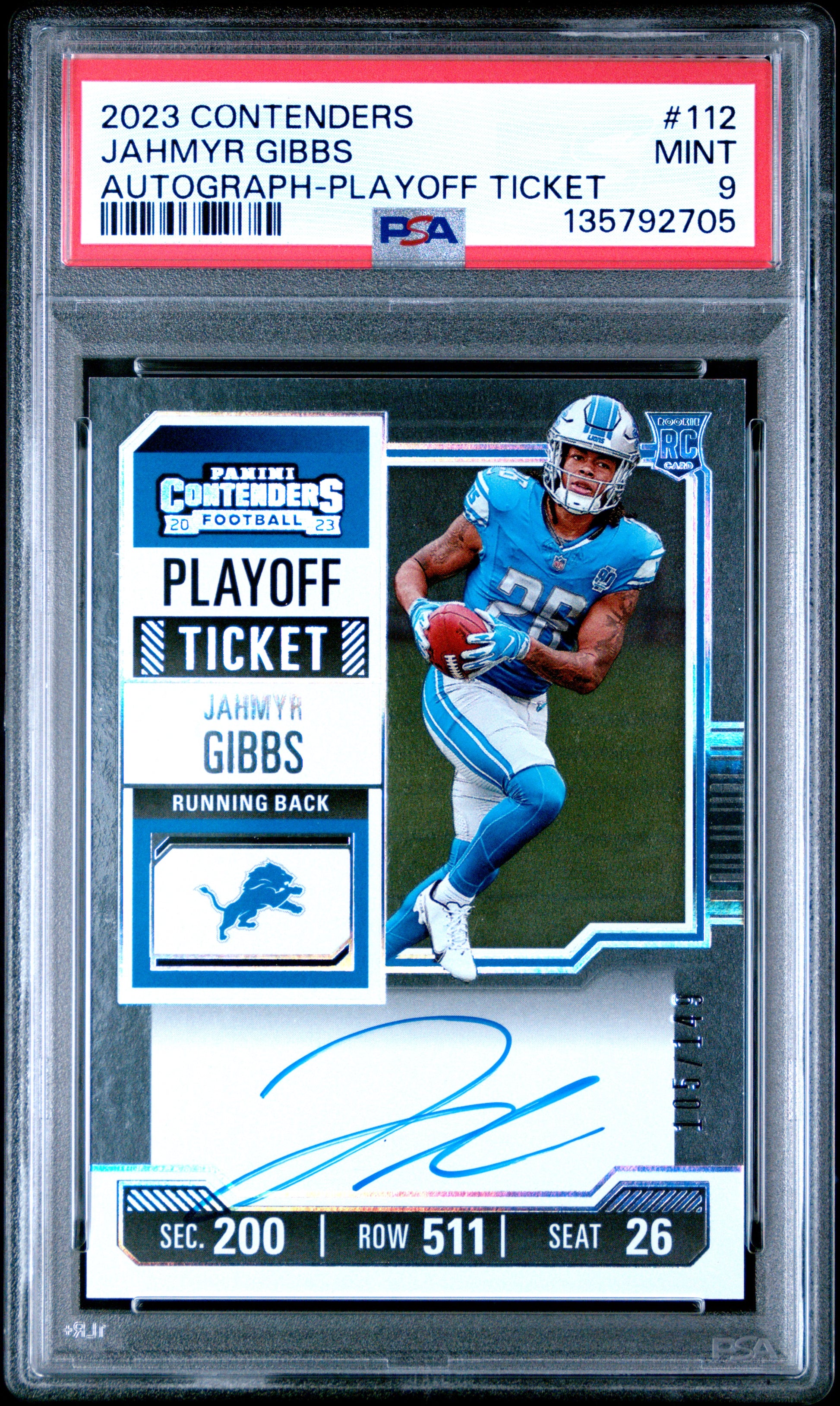 2023 Panini Contenders Jahmyr Gibbs #112 Autograph-Playoff Ticket PSA 9