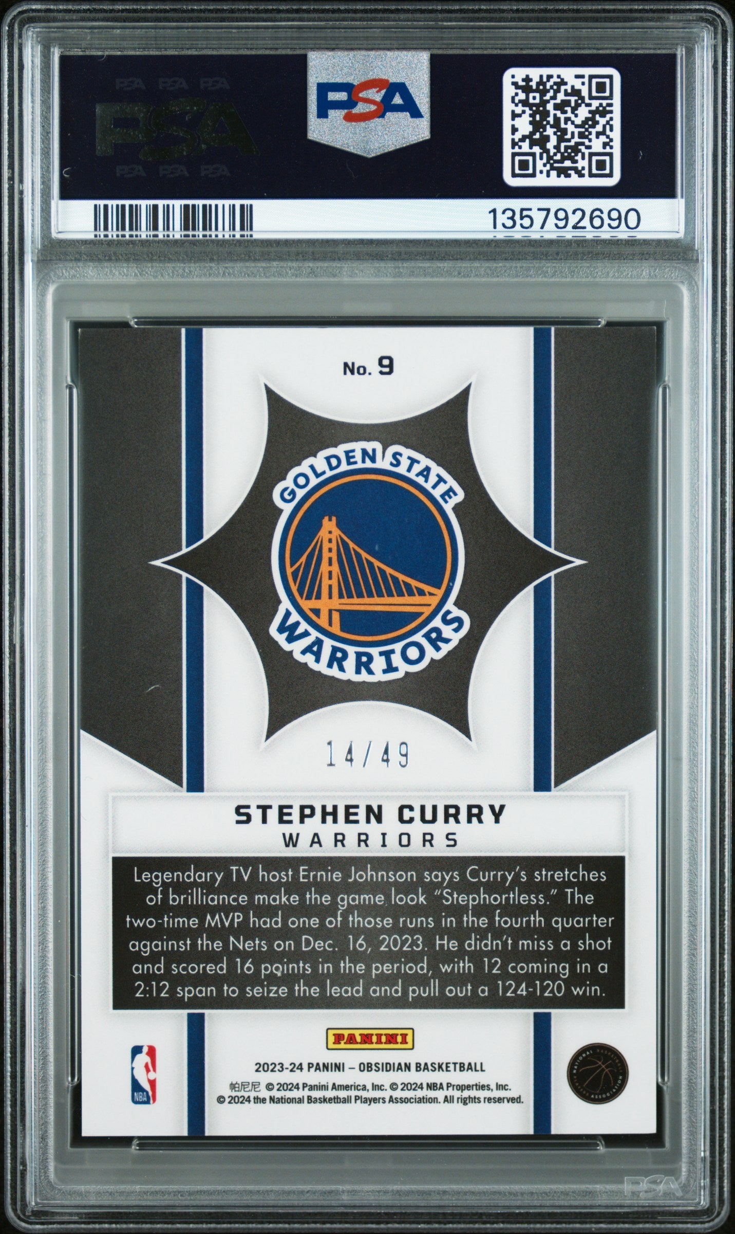 2023 Panini Obsidian Supernova Stephen Curry #9 Supernova-Ee Purple Flood PSA 9
