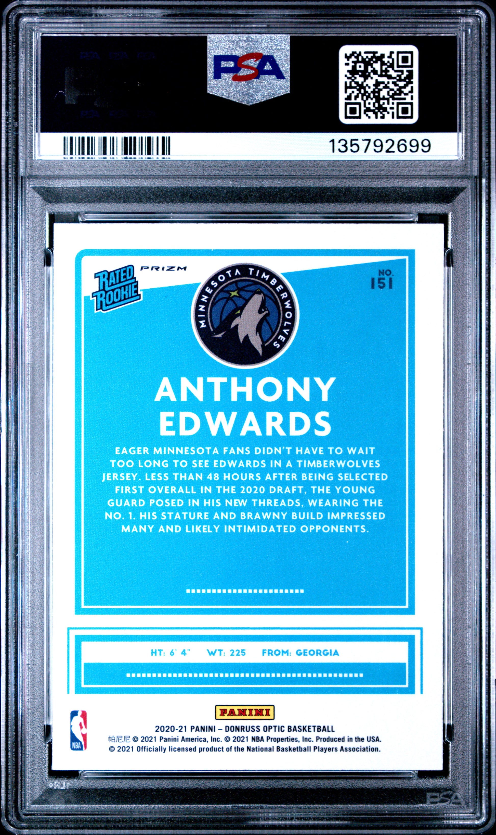 2020 Panini Donruss Optic Anthony Edwards #151 Purple PSA 8