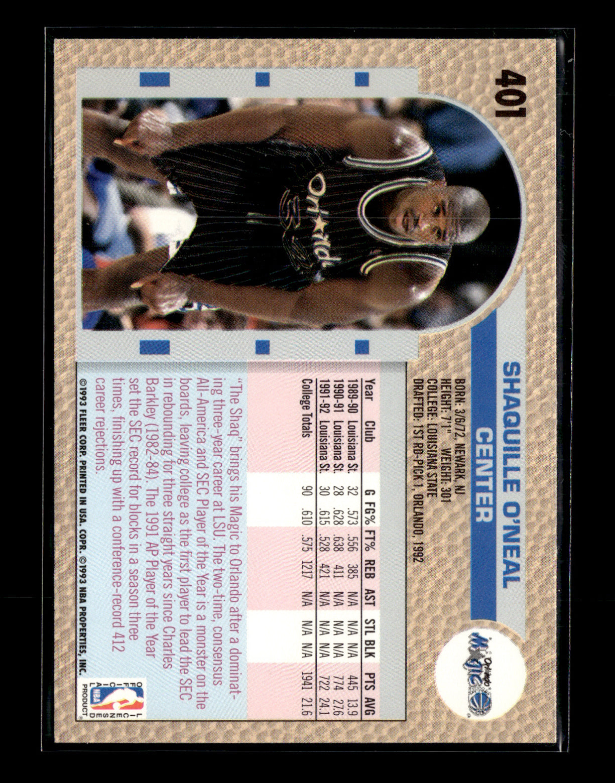 1992-93 Fleer Shaquille O'Neal #401 Orlando Magic