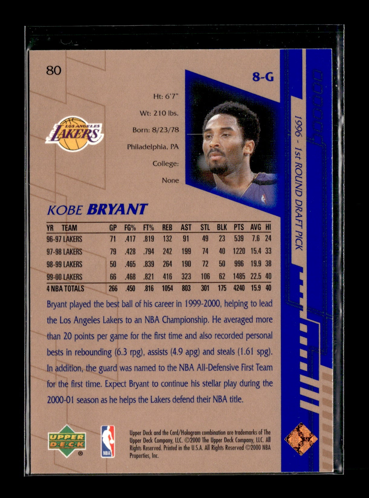 2000-01 Upper Deck Kobe Bryant #80 Los Angeles Lakers
