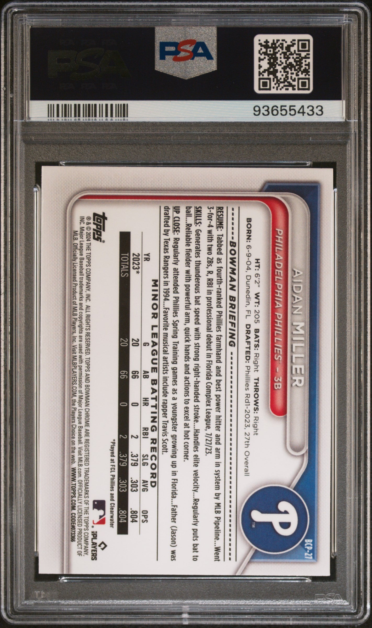 2024 Bowman Mega Box Chrome Prospects Aidan Miller #27 PSA 10 Philadelphia Phillies