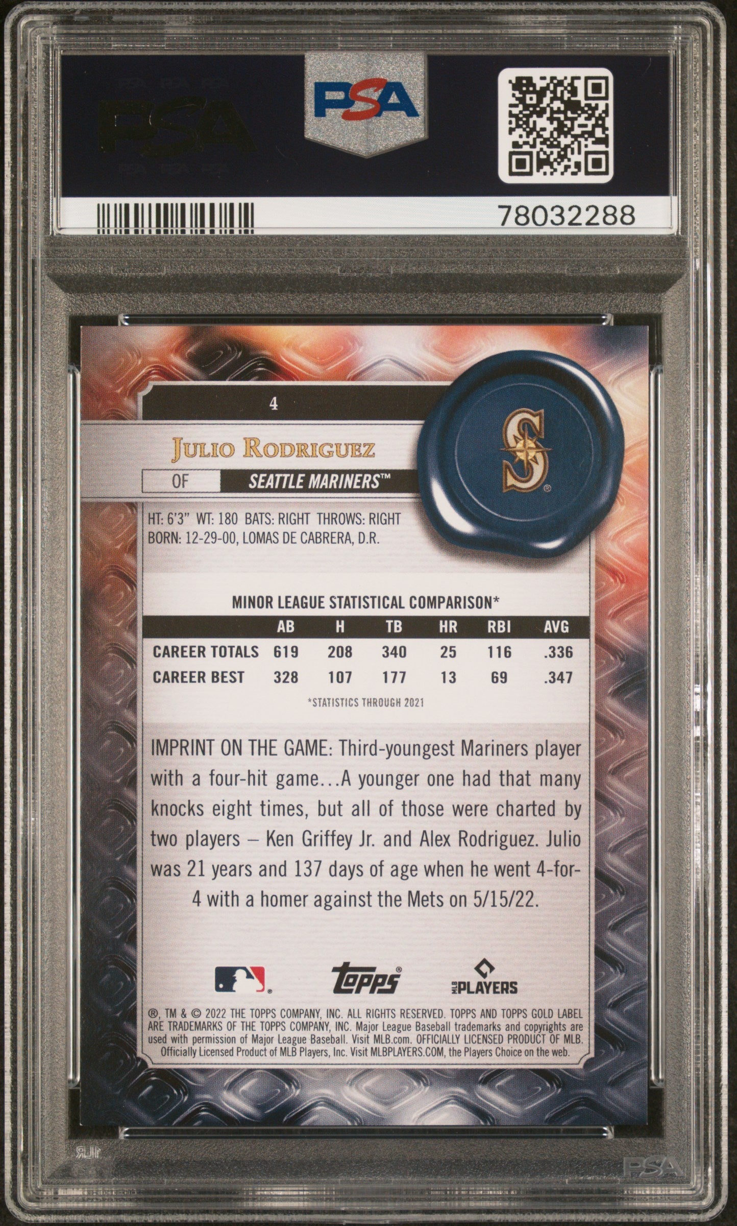 2022 Topps Gold Label Julio Rodriguez #4 Class 1-Purple PSA 9 Seattle Mariners
