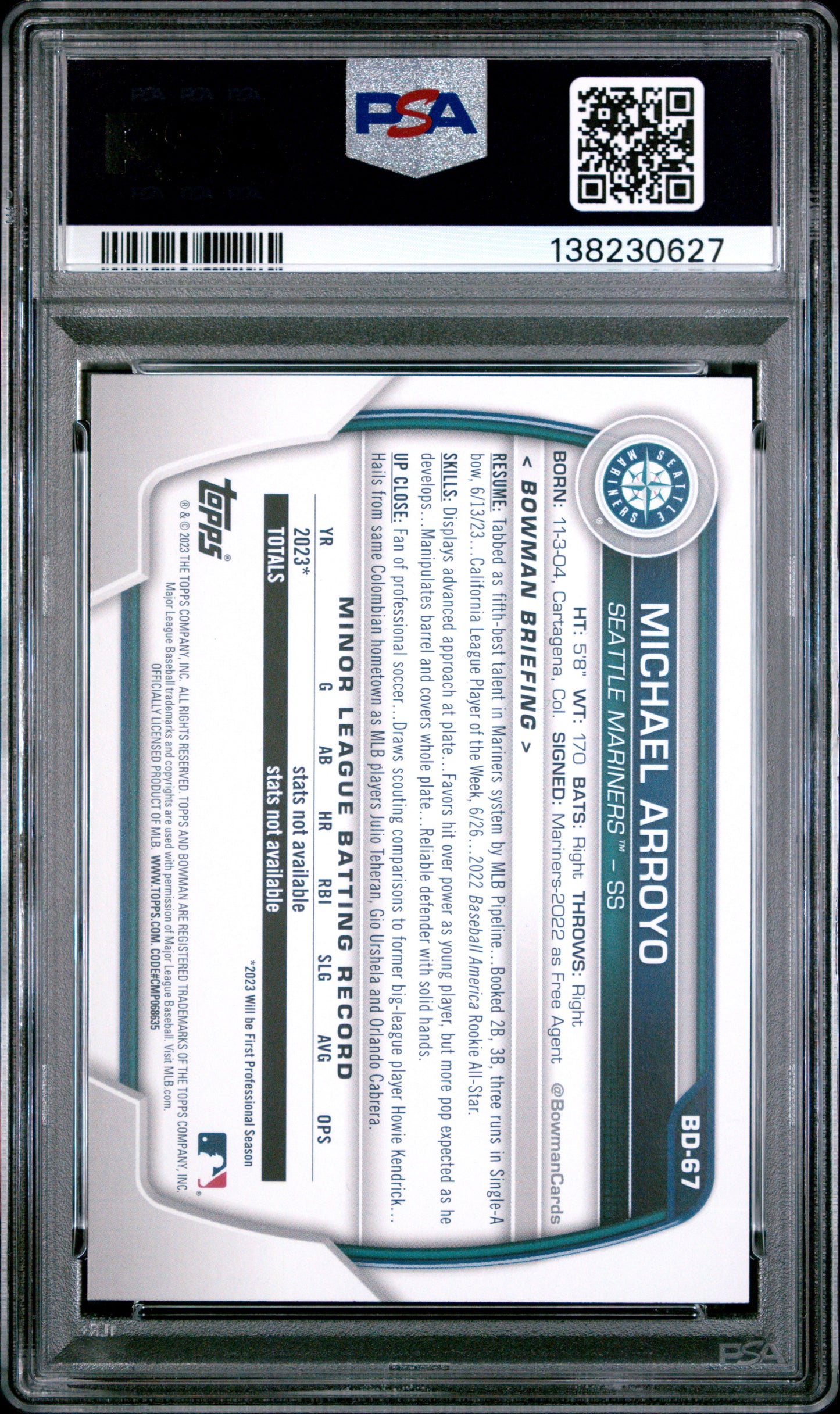 2023 Bowman Draft Michael Arroyo #BD67 Sky Blue PSA 9 Seattle Mariners