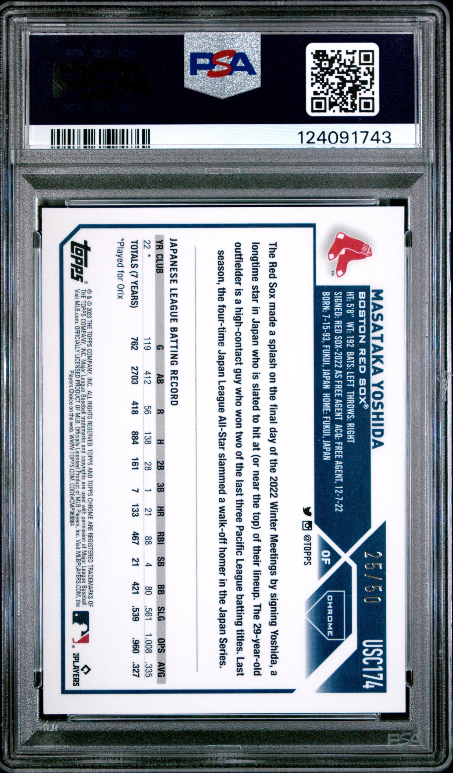 2023 Topps Chrome Update Masataka Yoshida #USC174 Sp-Gold Speckle PSA 9 Boston Red Sox