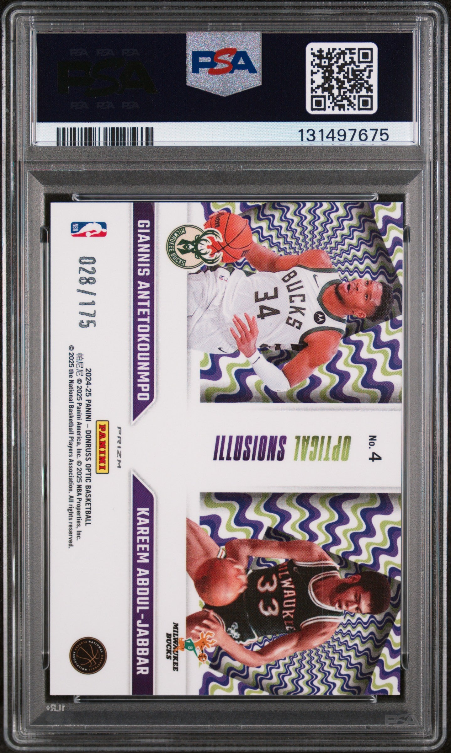 2024 Panini Donruss Optic Optical Illusions Antetknmpo/Abdl-Jabbr #4 Optical Illusion-Purple PSA 10 Milwaukee Bucks