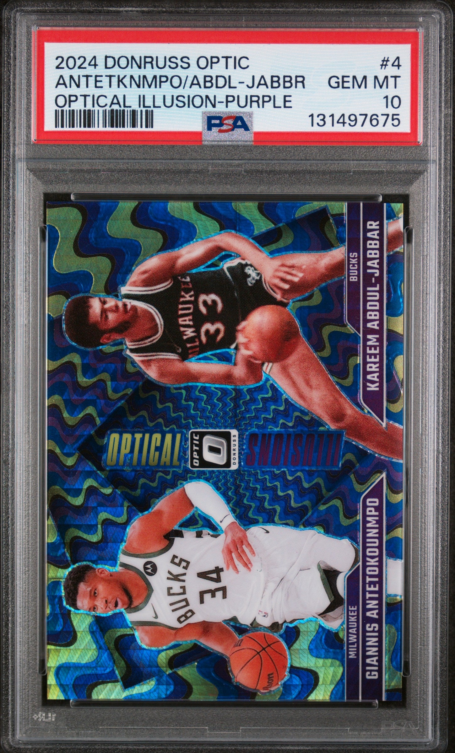 2024 Panini Donruss Optic Optical Illusions Antetknmpo/Abdl-Jabbr #4 Optical Illusion-Purple PSA 10 Milwaukee Bucks