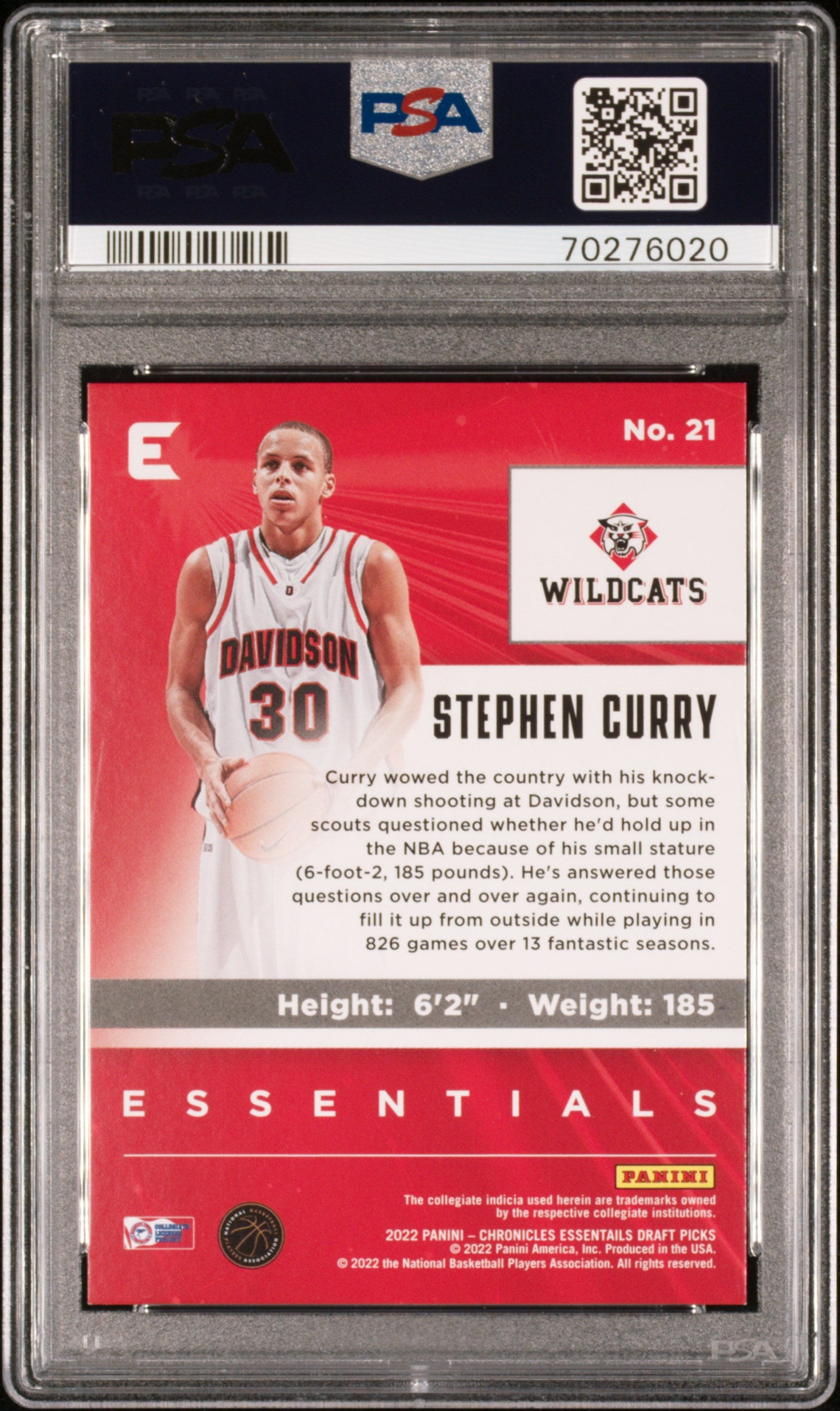 2022 Panini Chronicles Draft Picks Essentials Stephen Curry #21 Essentials-Red PSA 8 Davidson Wildcats