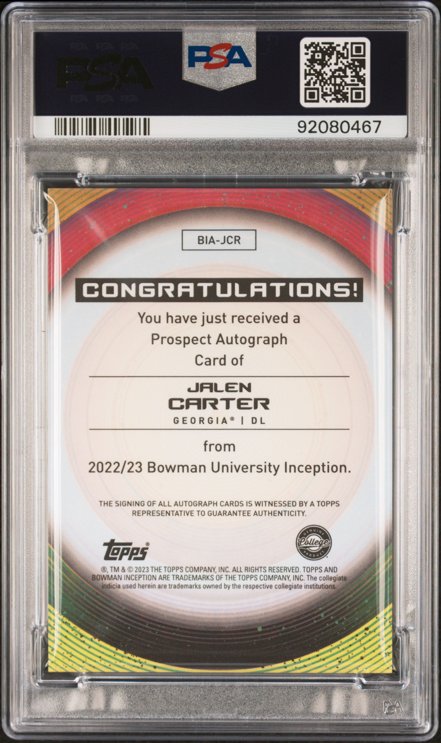 2022 Bowman University Inception Autographs Jalen Carter #JCR Autograph-Gold V1 Foil PSA 10 Georgia Bulldogs