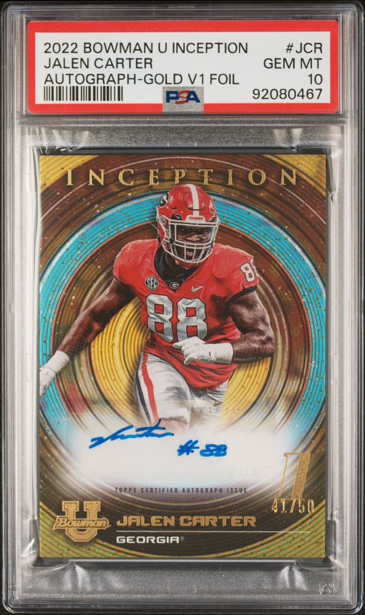 2022 Bowman University Inception Autographs Jalen Carter #JCR Autograph-Gold V1 Foil PSA 10 Georgia Bulldogs