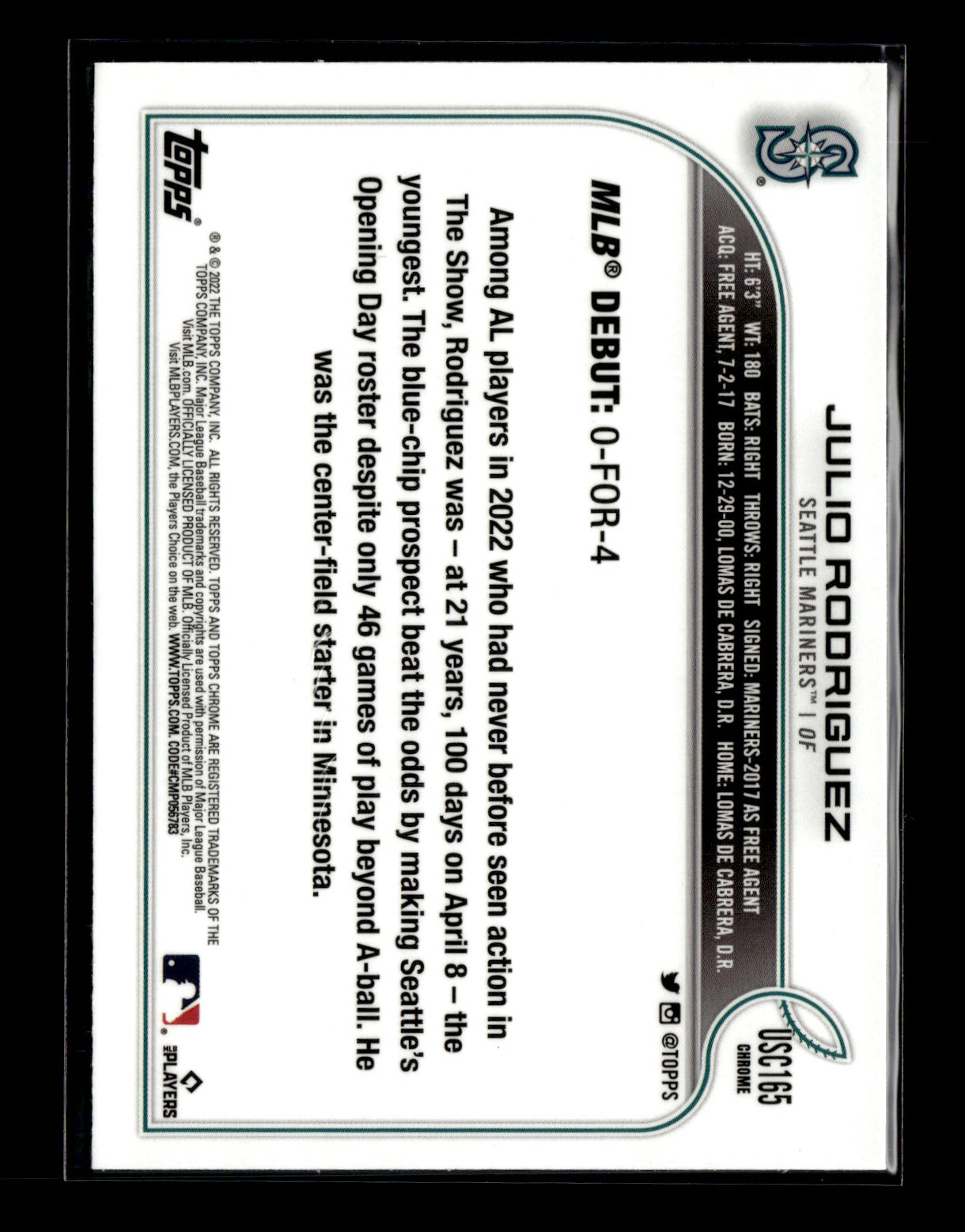 2022 Topps Chrome Update Julio Rodriguez #USC165 Purple Refractor Seattle Mariners