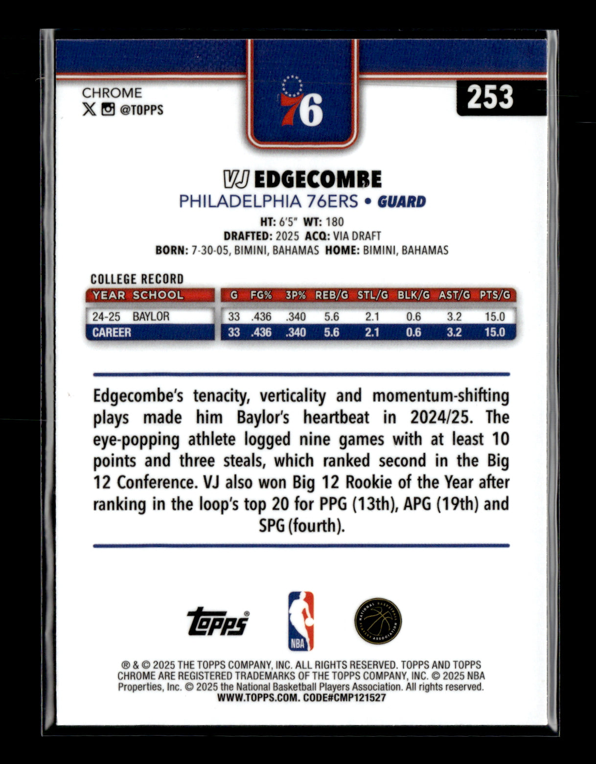 2025-26 Topps Chrome VJ Edgecombe #253 Basketball Refractor Philadelphia 76ers