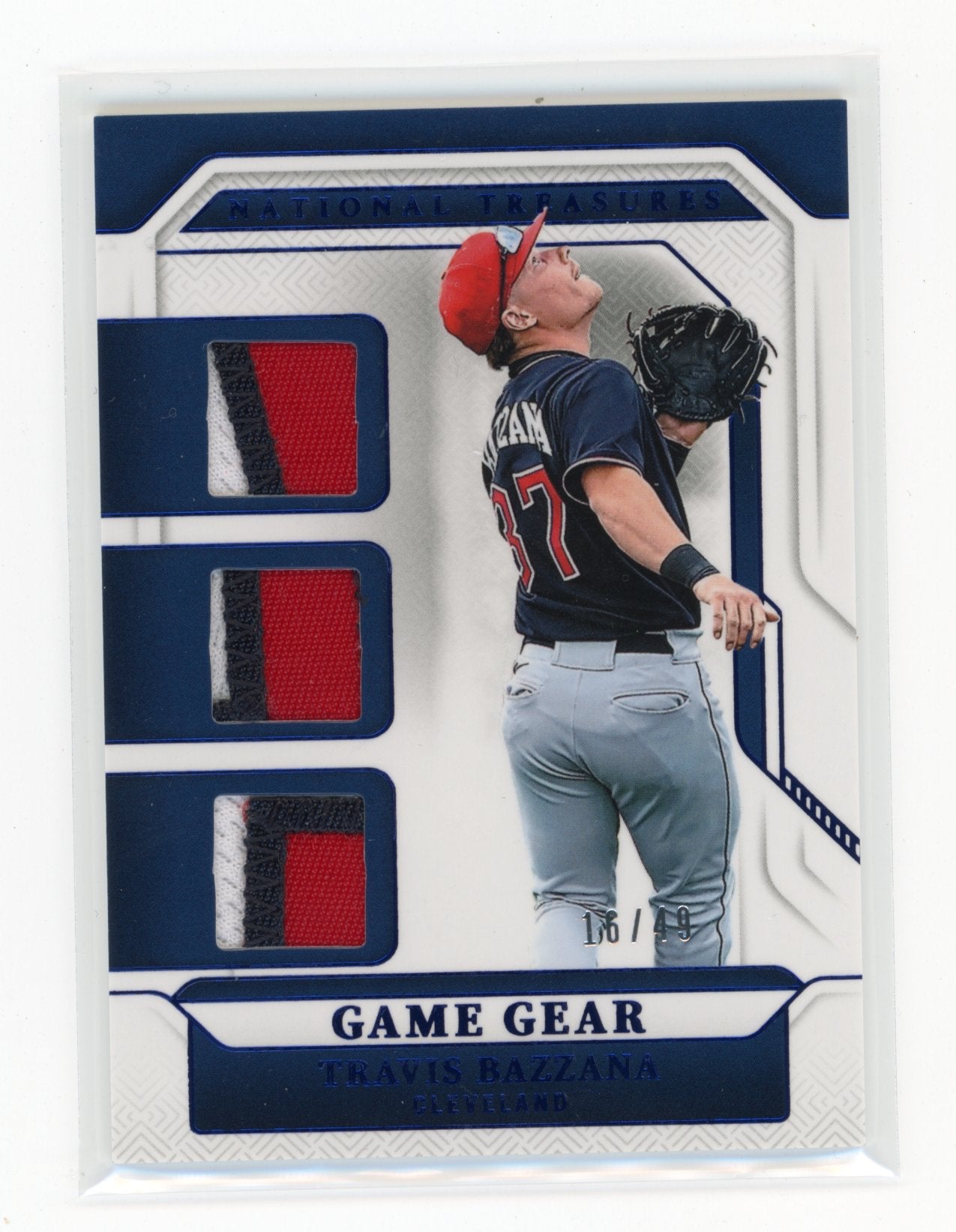 2025 Panini National Treasures Travis Bazzana #GGT-TB Game Gear Swatches Trio Blue #/49 Cleveland Guardians
