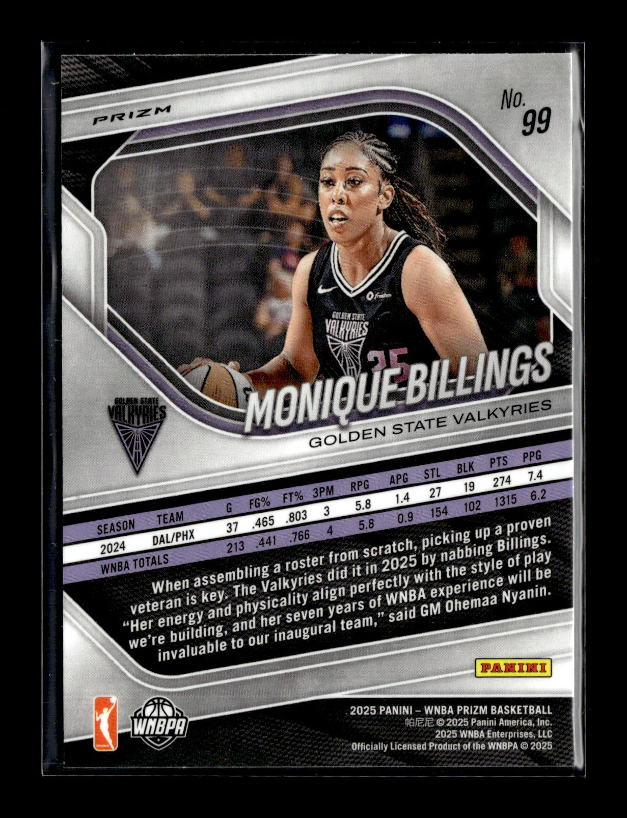 2025 Panini Prizm WNBA Monique Billings #99 Ice Prizms Golden State Valkyries