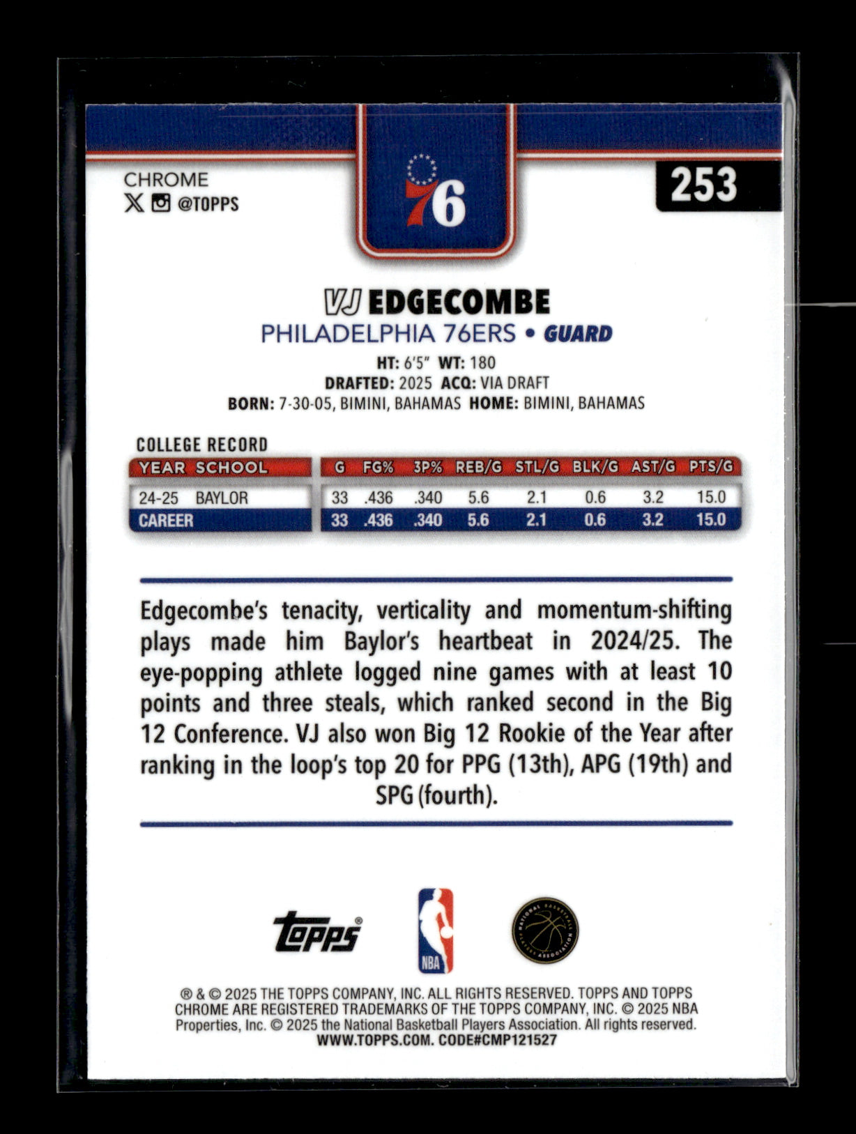 2025-26 Topps Chrome VJ Edgecombe #253 Philadelphia 76ers