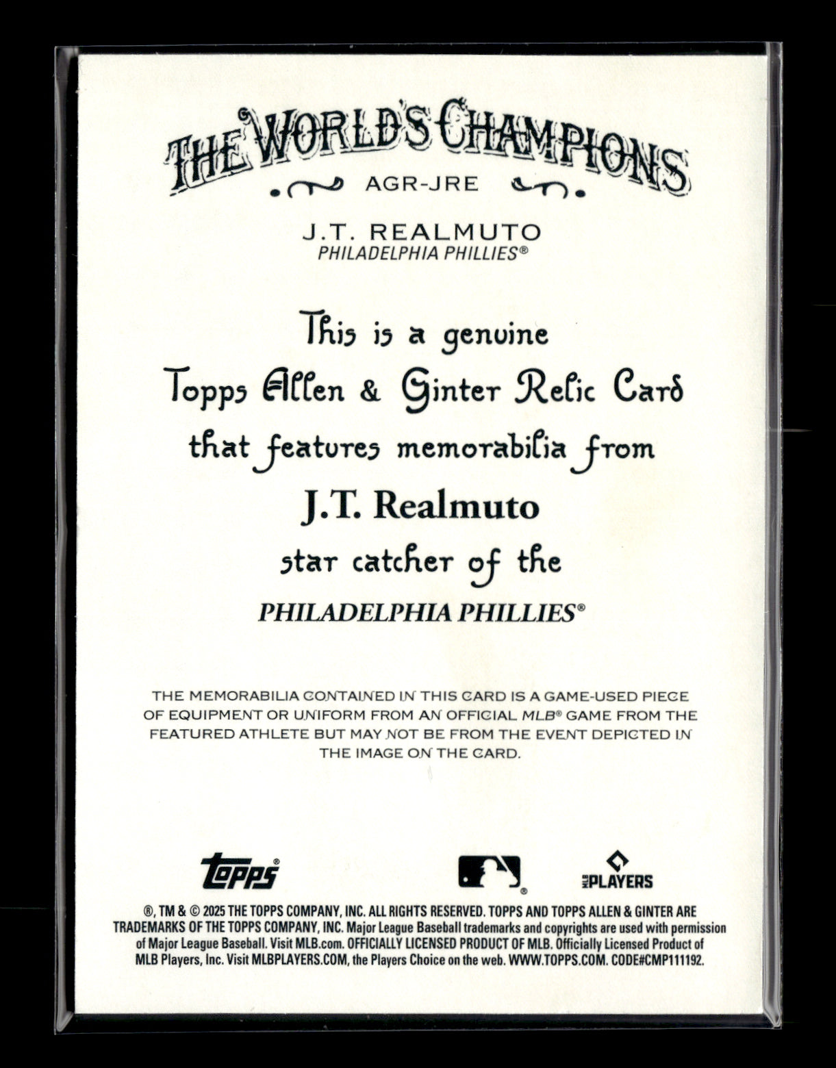 2025 Topps Allen & Ginter J.T. Realmuto #AGR-JRE Relics Philadelphia Phillies