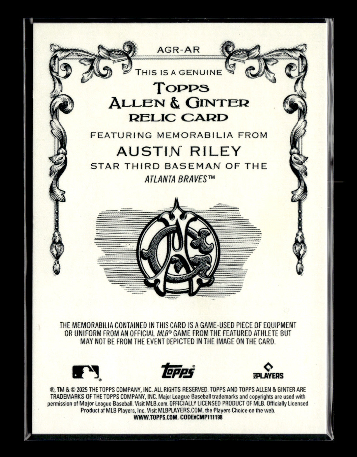 2025 Topps Allen & Ginter Austin Riley #AGR-AR Relics Atlanta Braves