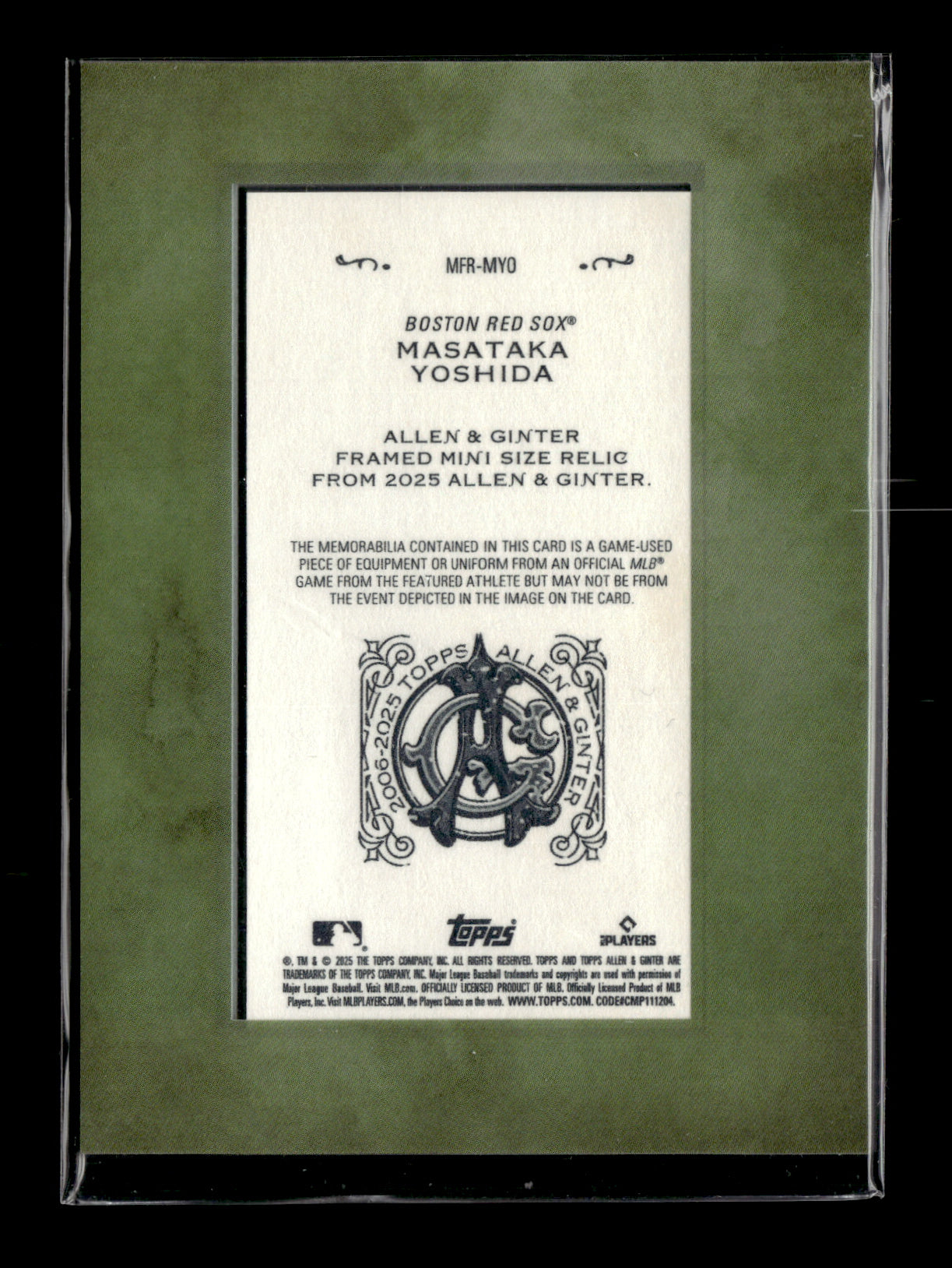 2025 Topps Allen & Ginter Masataka Yoshida #MFR-MYO Framed Mini Relics Boston Red Sox