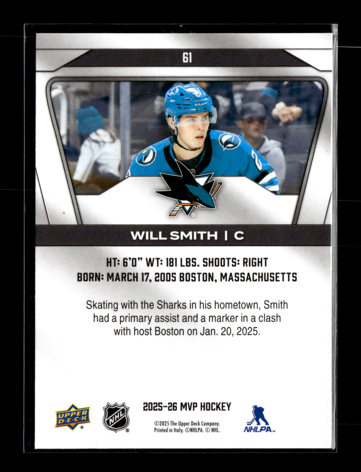 2025-26 Upper Deck MVP Will Smith #61 San Jose Sharks