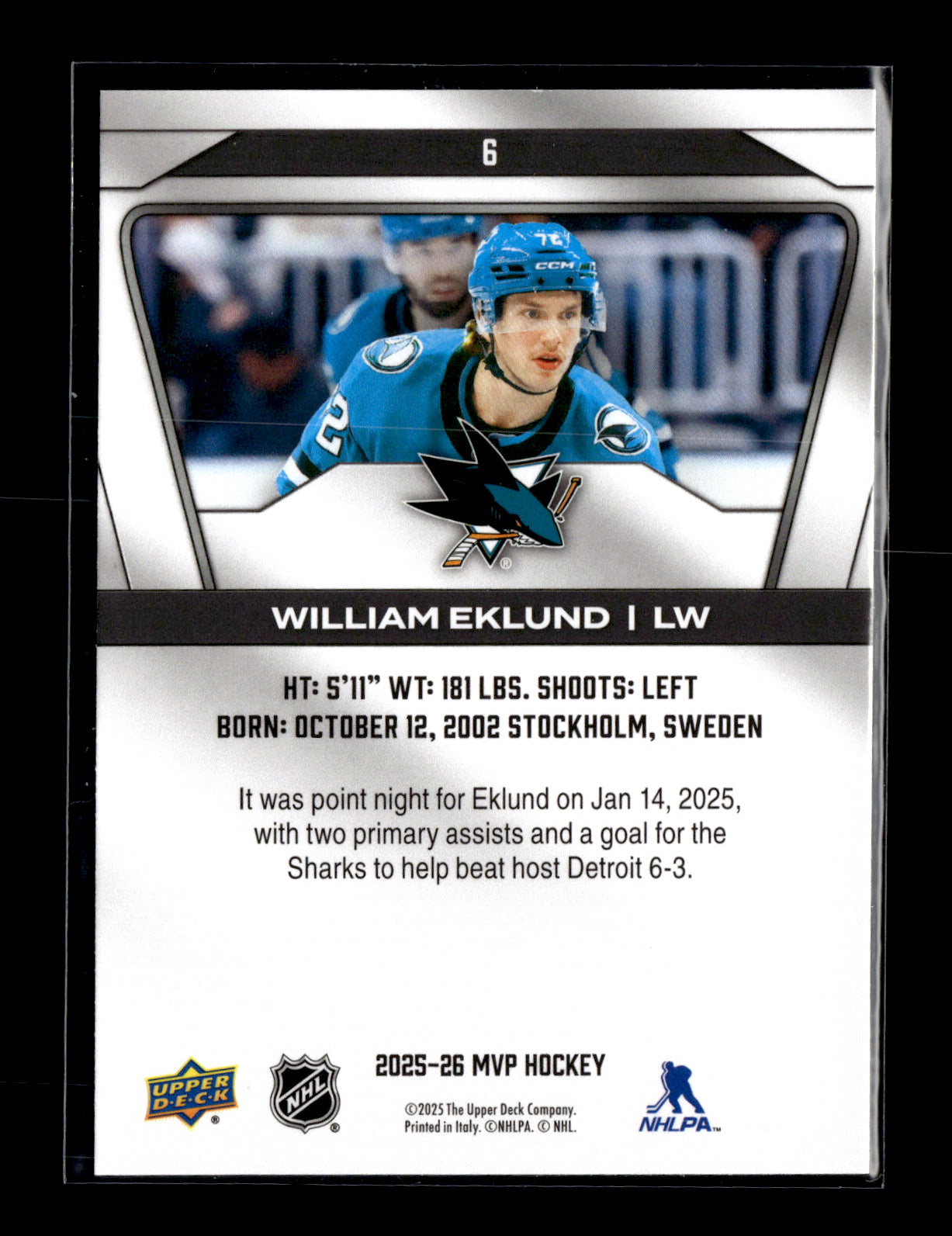2025-26 Upper Deck MVP William Eklund #6 San Jose Sharks