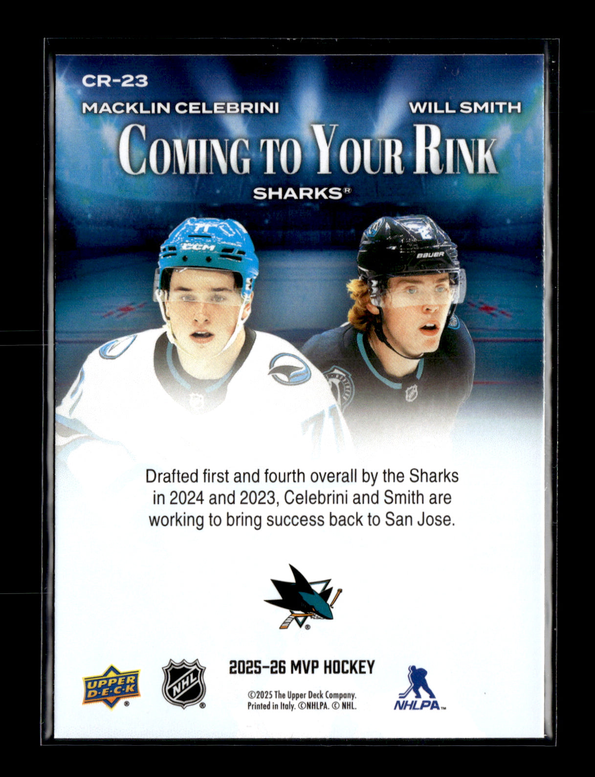 2025-26 Upper Deck MVP Macklin Celebrini / Will Smith #CR-23 Coming to Your Rink San Jose Sharks