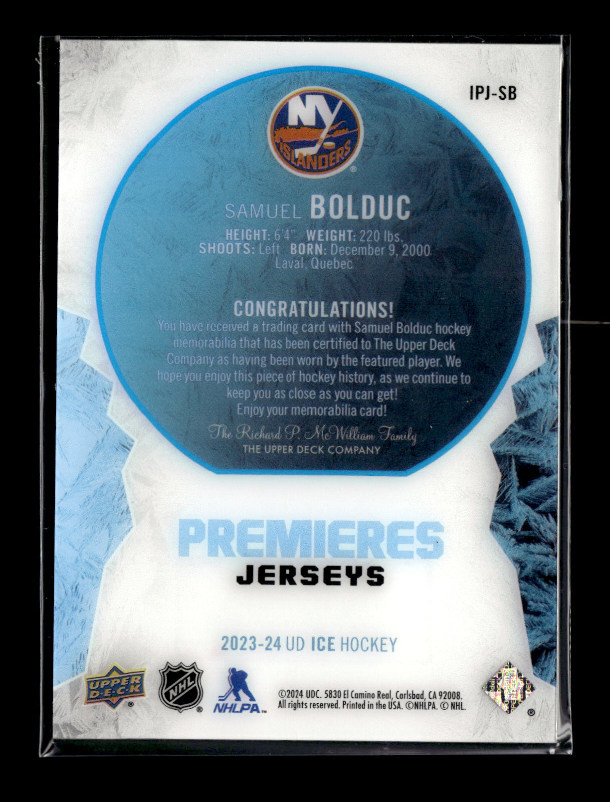 2024-25 Upper Deck Ice Samuel Bolduc #IPA-SB 2023-24 Upper Deck Ice Update I: Ice Premieres Auto #/199 New York Islanders