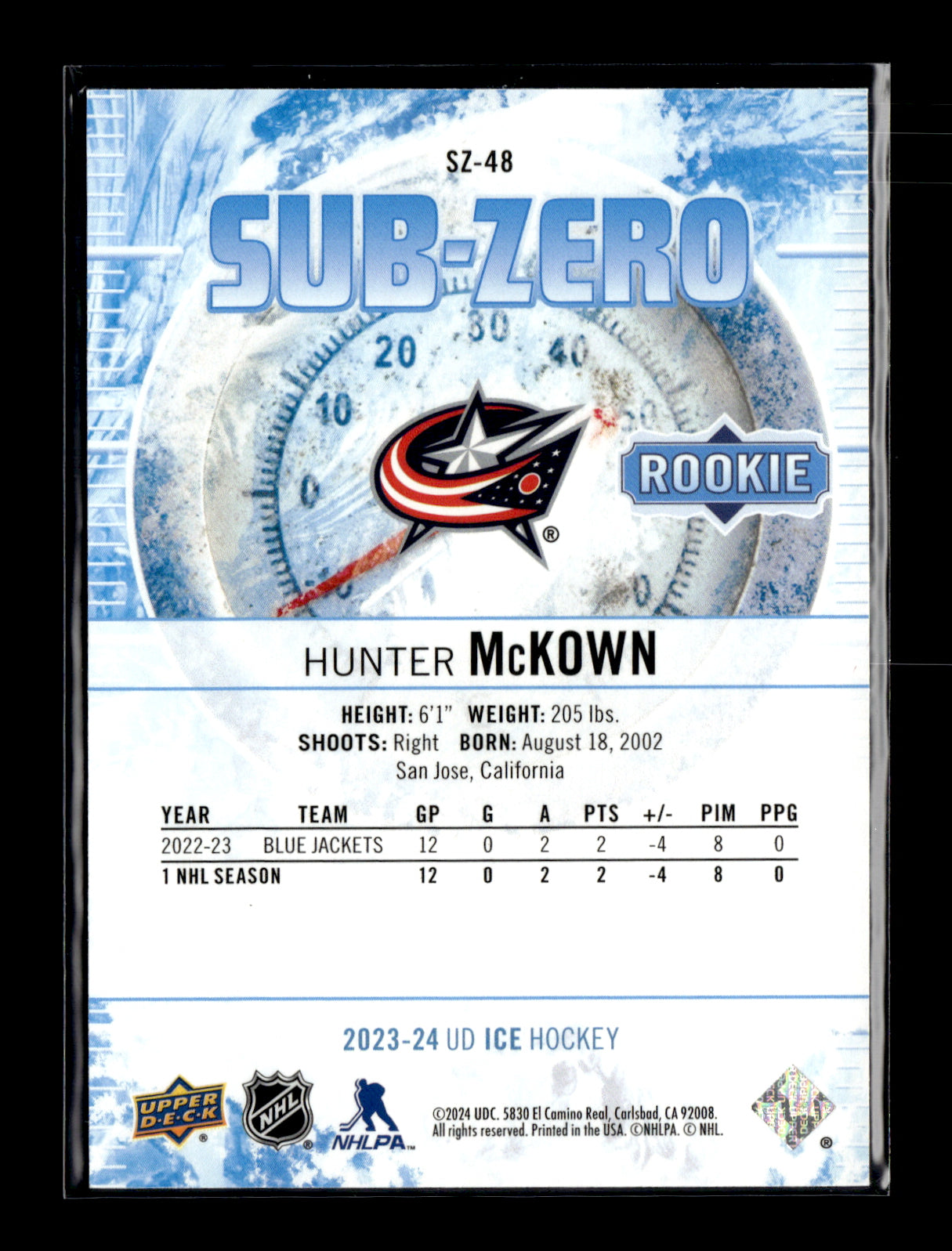 2023-24 Upper Deck Ice Hunter McKown #SZ-48 Sub Zero #/799 Columbus Blue Jackets