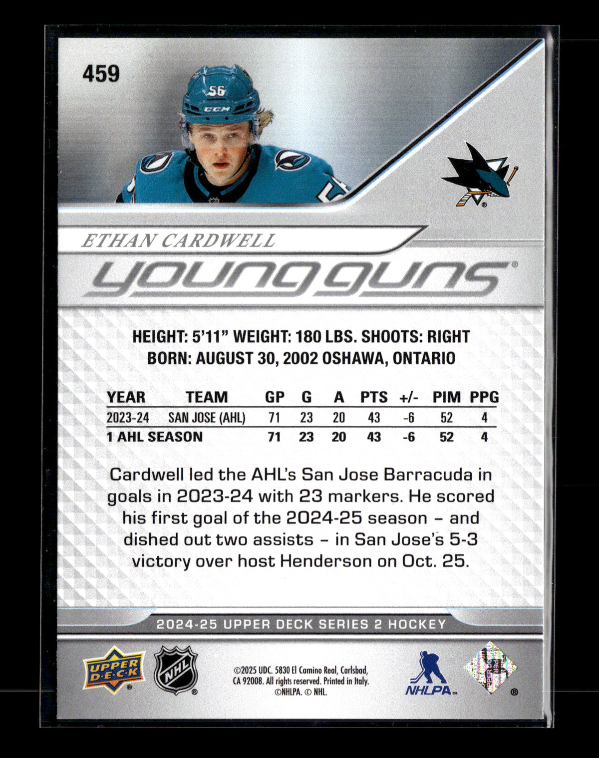 2024-25 Upper Deck Ethan Cardwell #459 San Jose Sharks
